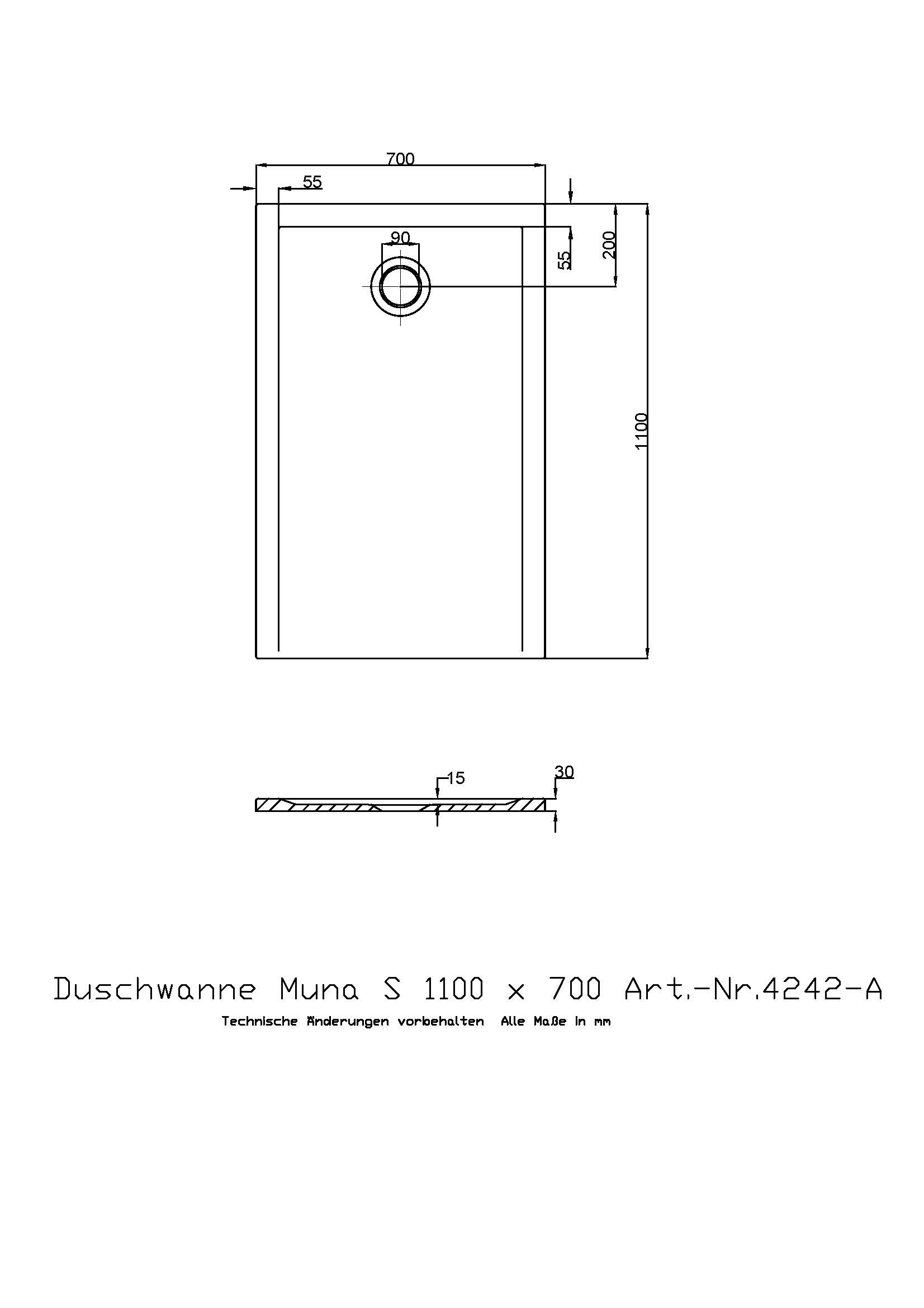 Hoesch Duschwanne Muna S 1100x700x30 ohne Antirutsch, Material Solique, weiß