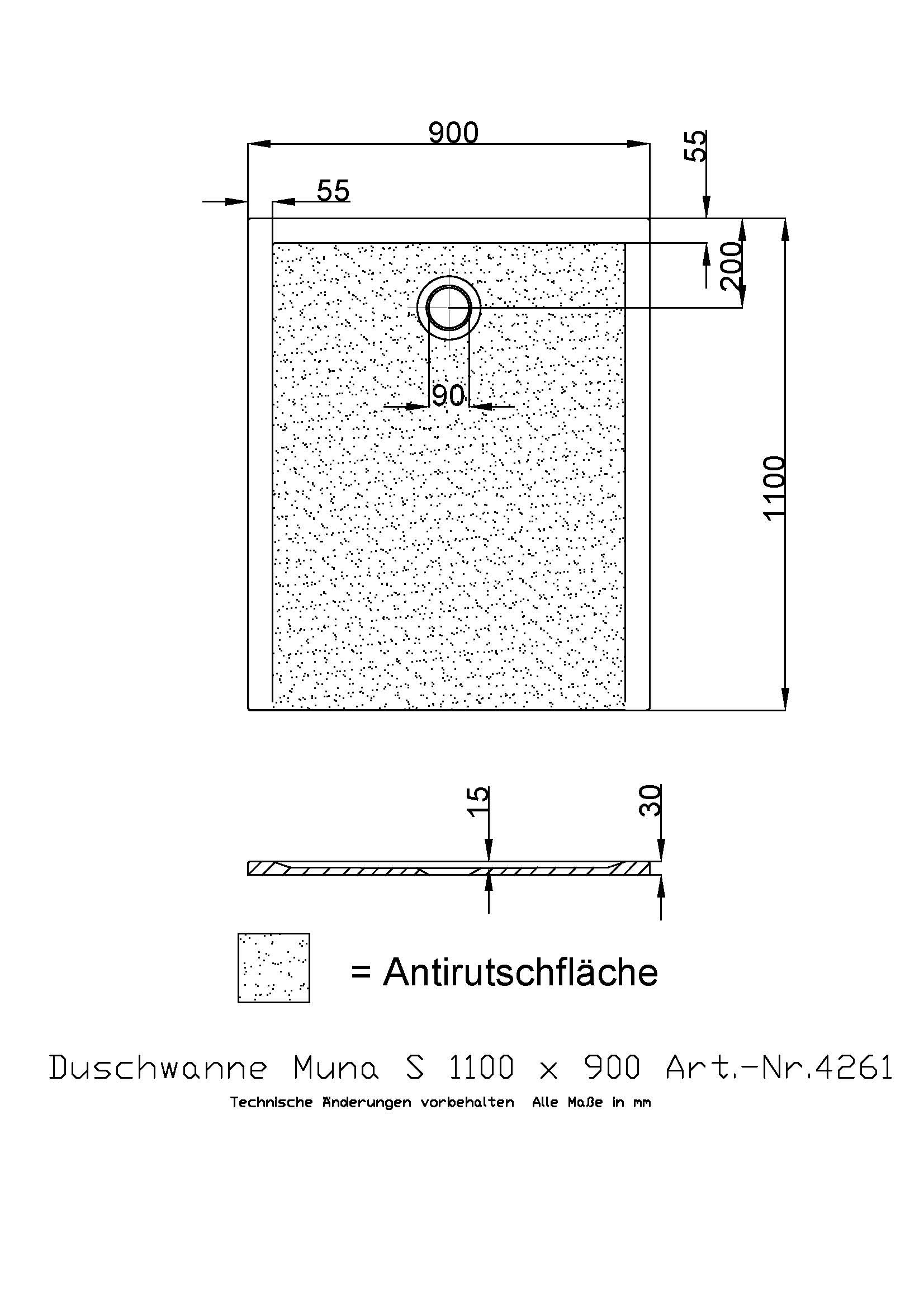Hoesch Duschwanne Muna S 1100x900x30 mit Antirutsch, Material Solique, weiß
