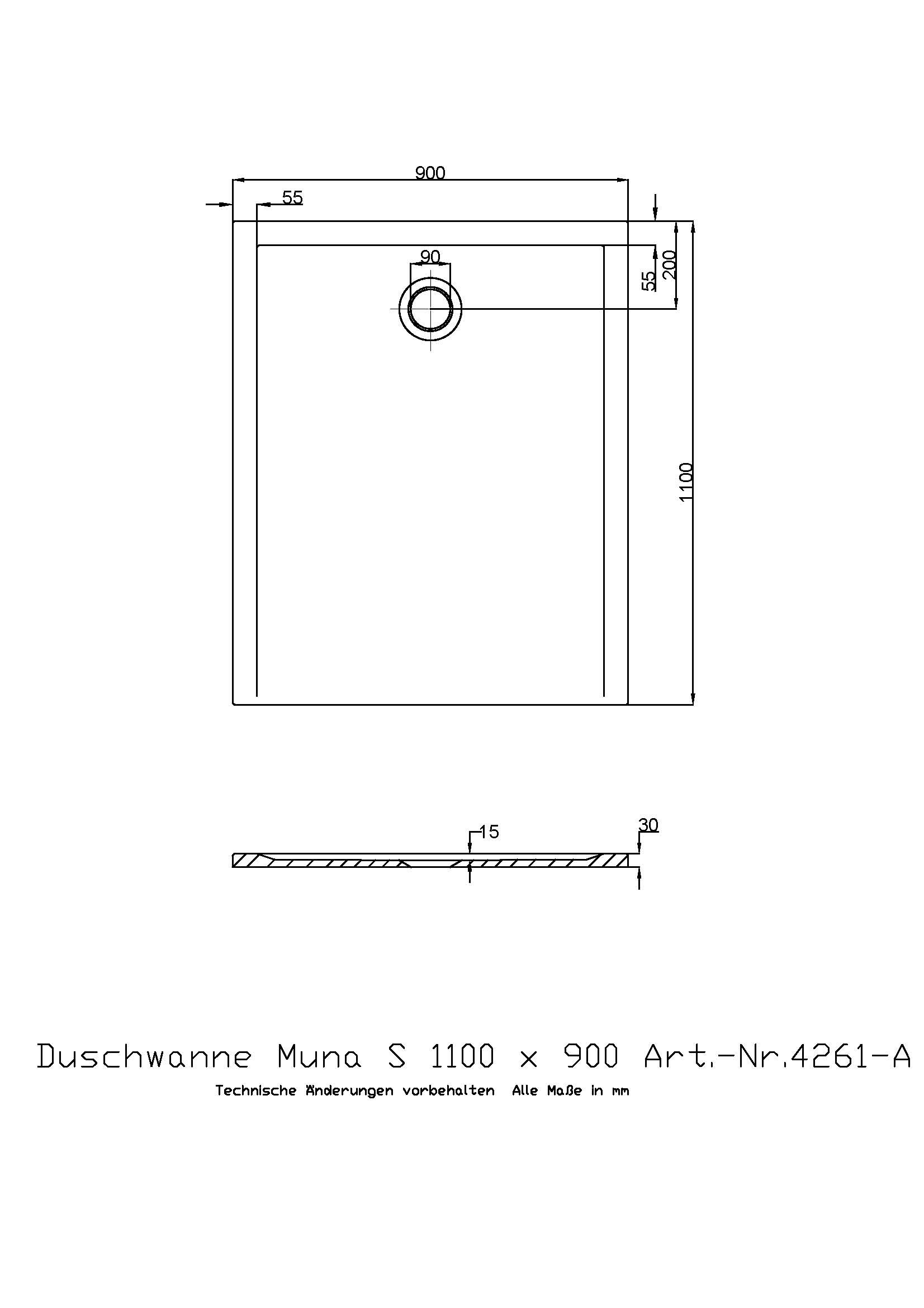 Hoesch Duschwanne Muna S 1100x900x30 ohne Antirutsch, Material Solique, weiß