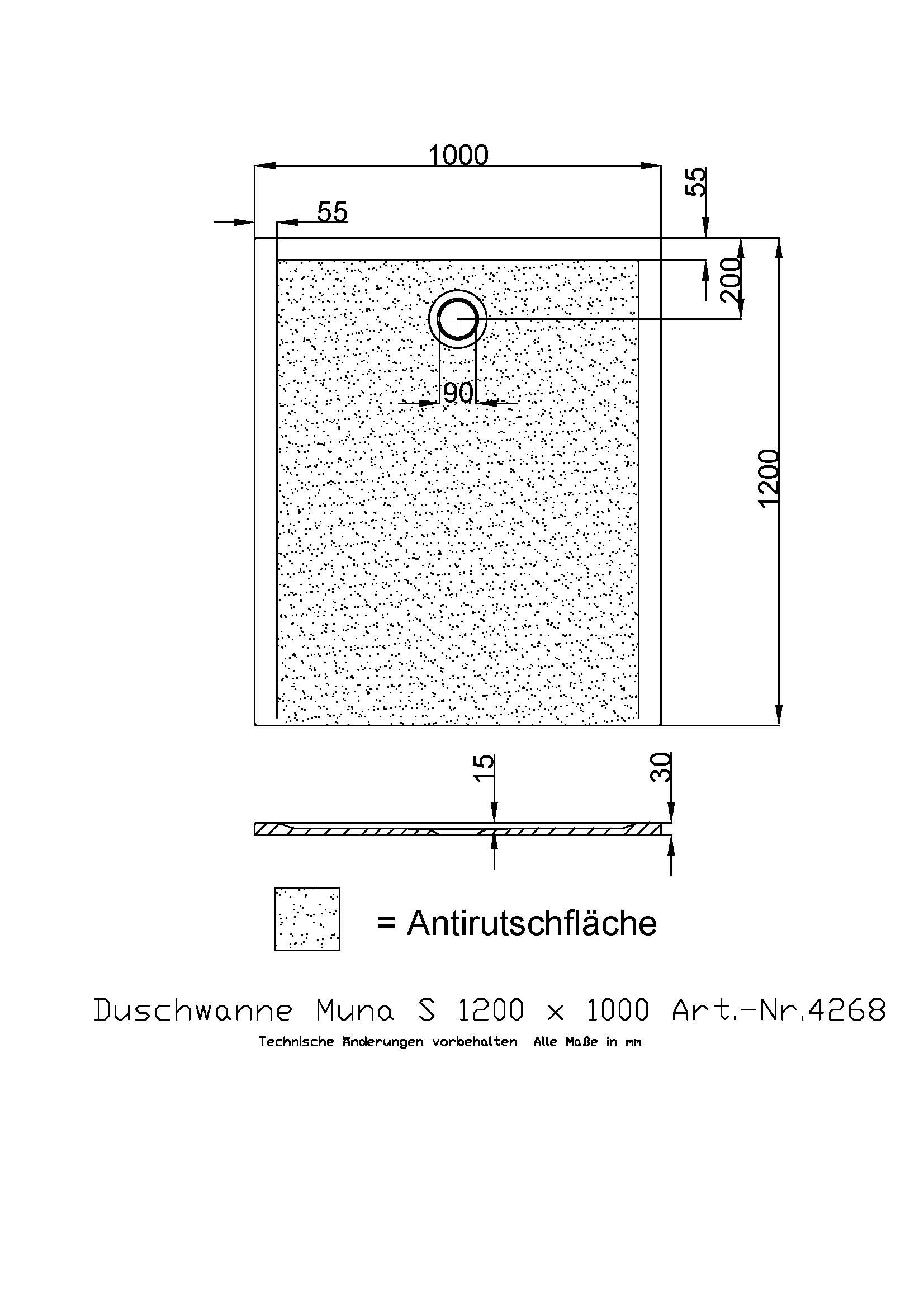 Hoesch Duschwanne Muna S 1200x1000x30 mit Antirutsch, Material Solique, weiß