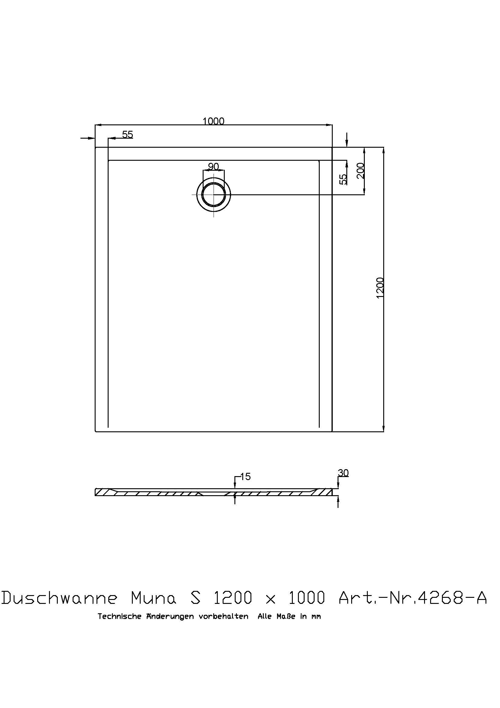 Hoesch Duschwanne Muna S 1200x1000x30 ohne Antirutsch, Material Solique, weiß
