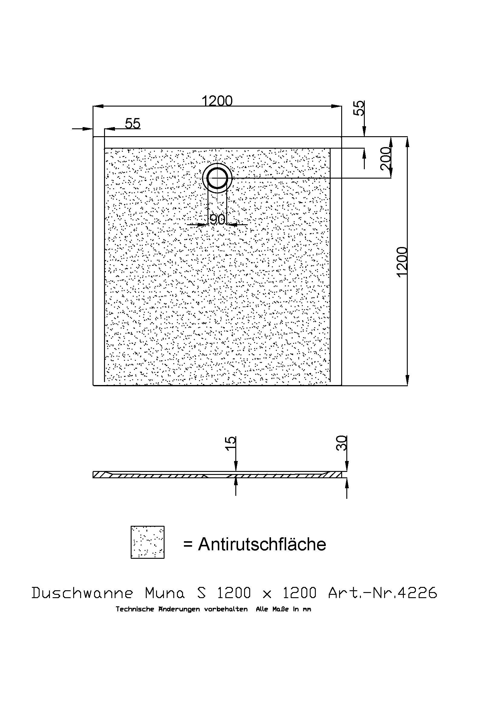 Hoesch Duschwanne Muna S 1200x1200x30 mit Antirutsch, Material Solique, weiß