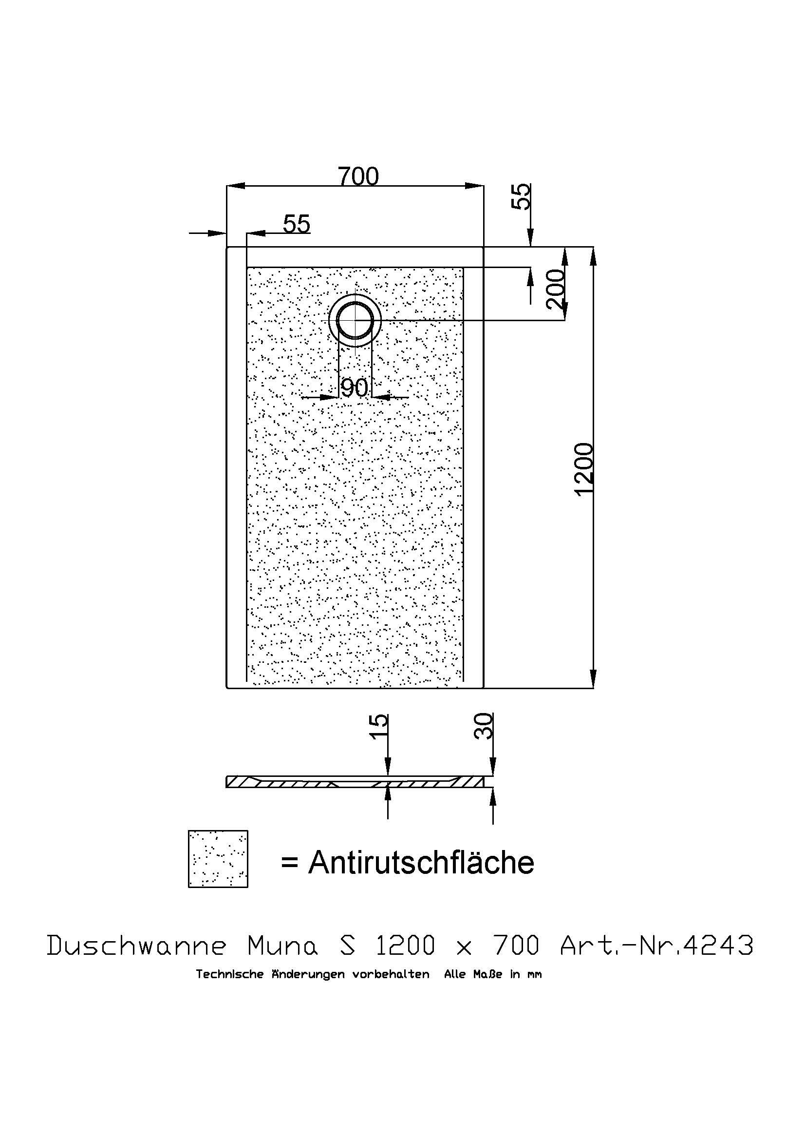 Hoesch Duschwanne Muna S 1200x700x30 mit Antirutsch, Material Solique, weiß