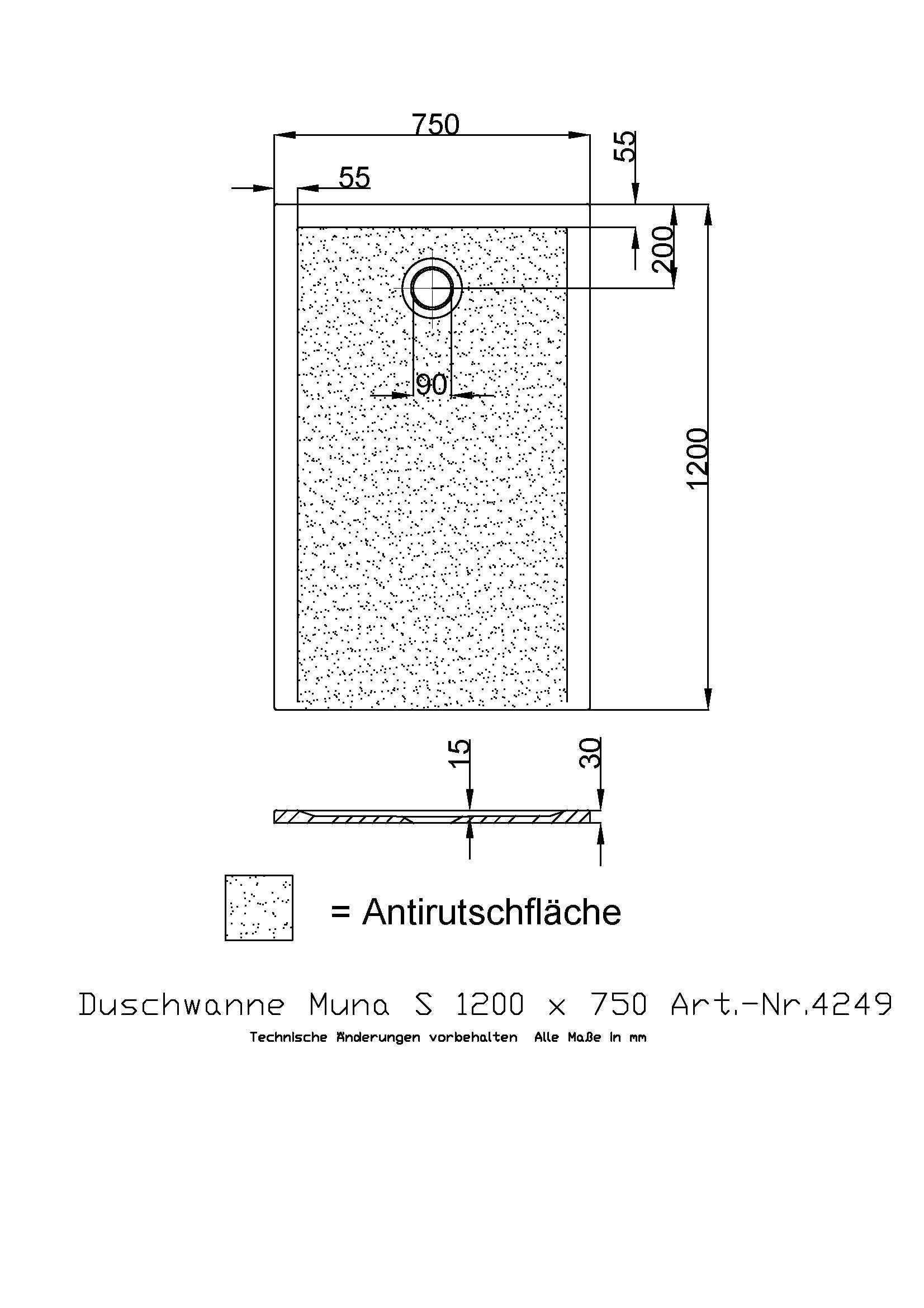 Hoesch Duschwanne Muna S 1200x750x30 mit Antirutsch, Material Solique, weiß