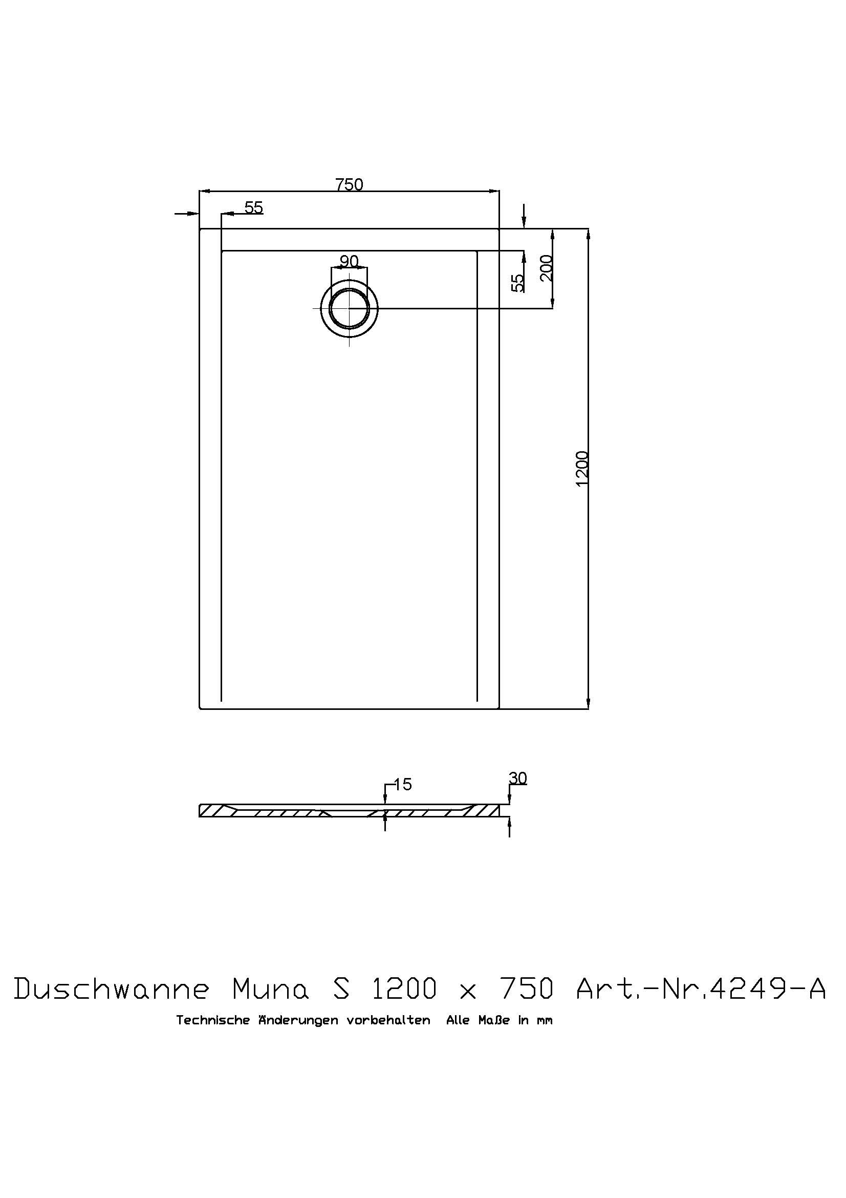 Hoesch Duschwanne Muna S 1200x750x30 ohne Antirutsch, Material Solique, weiß