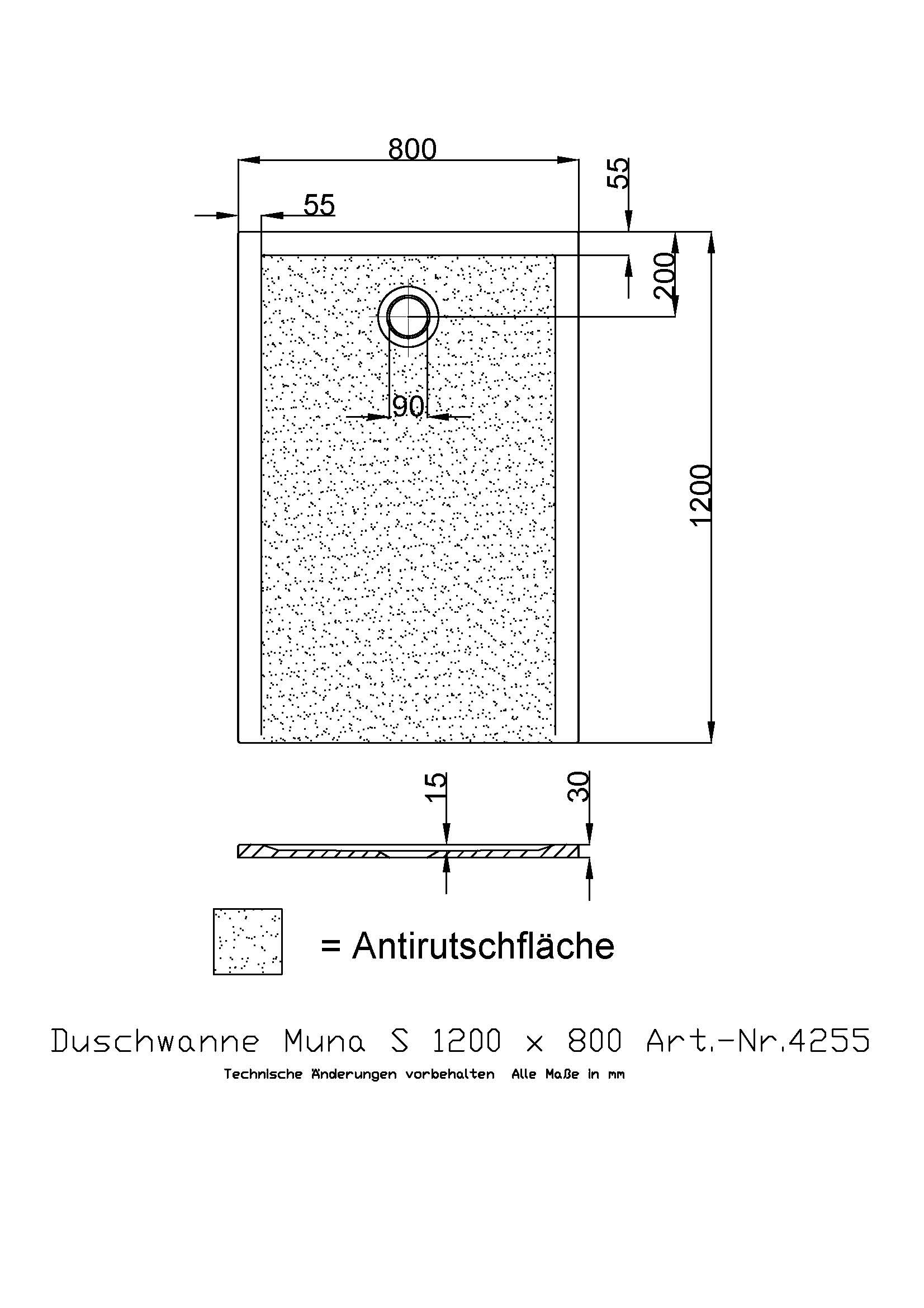 Hoesch Duschwanne Muna S 1200x800x30 mit Antirutsch, Material Solique, weiß