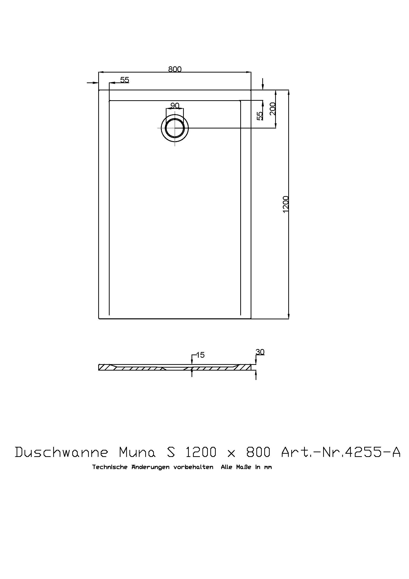 Hoesch Duschwanne Muna S 1200x800x30 ohne Antirutsch, Material Solique, weiß
