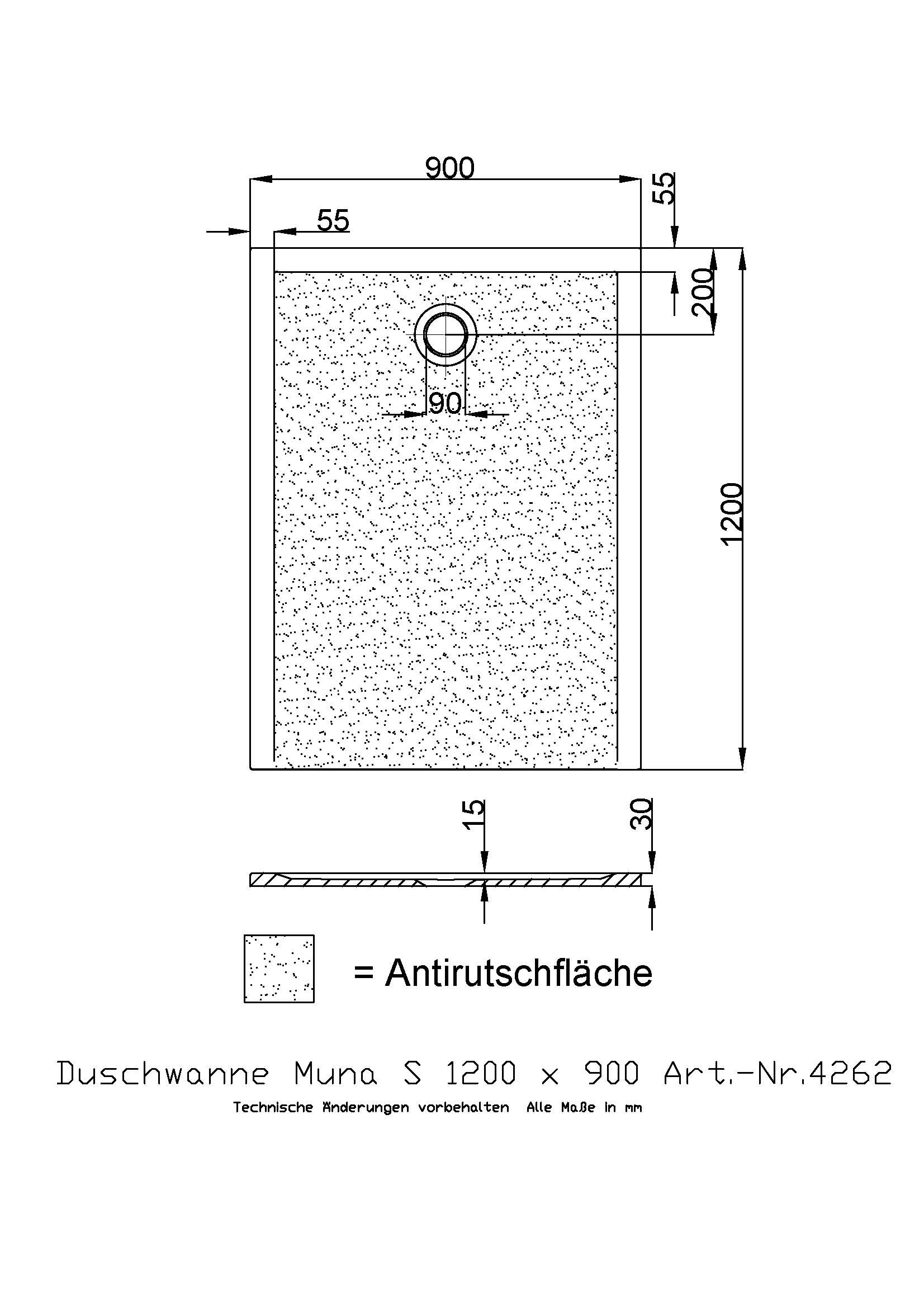 Hoesch Duschwanne Muna S 1200x900x30 mit Antirutsch, Material Solique, weiß