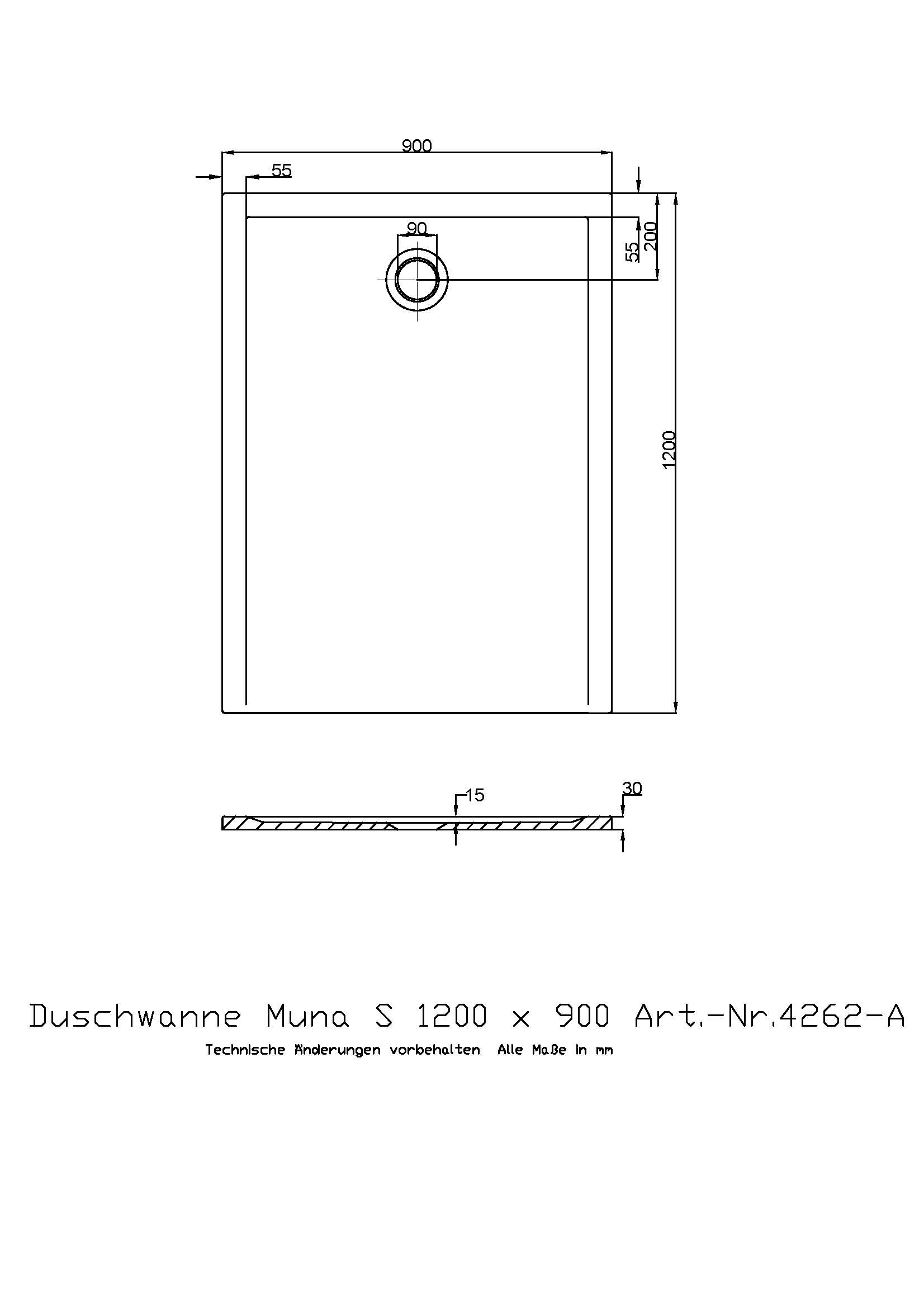 Hoesch Duschwanne Muna S 1200x900x30 ohne Antirutsch, Material Solique, weiß