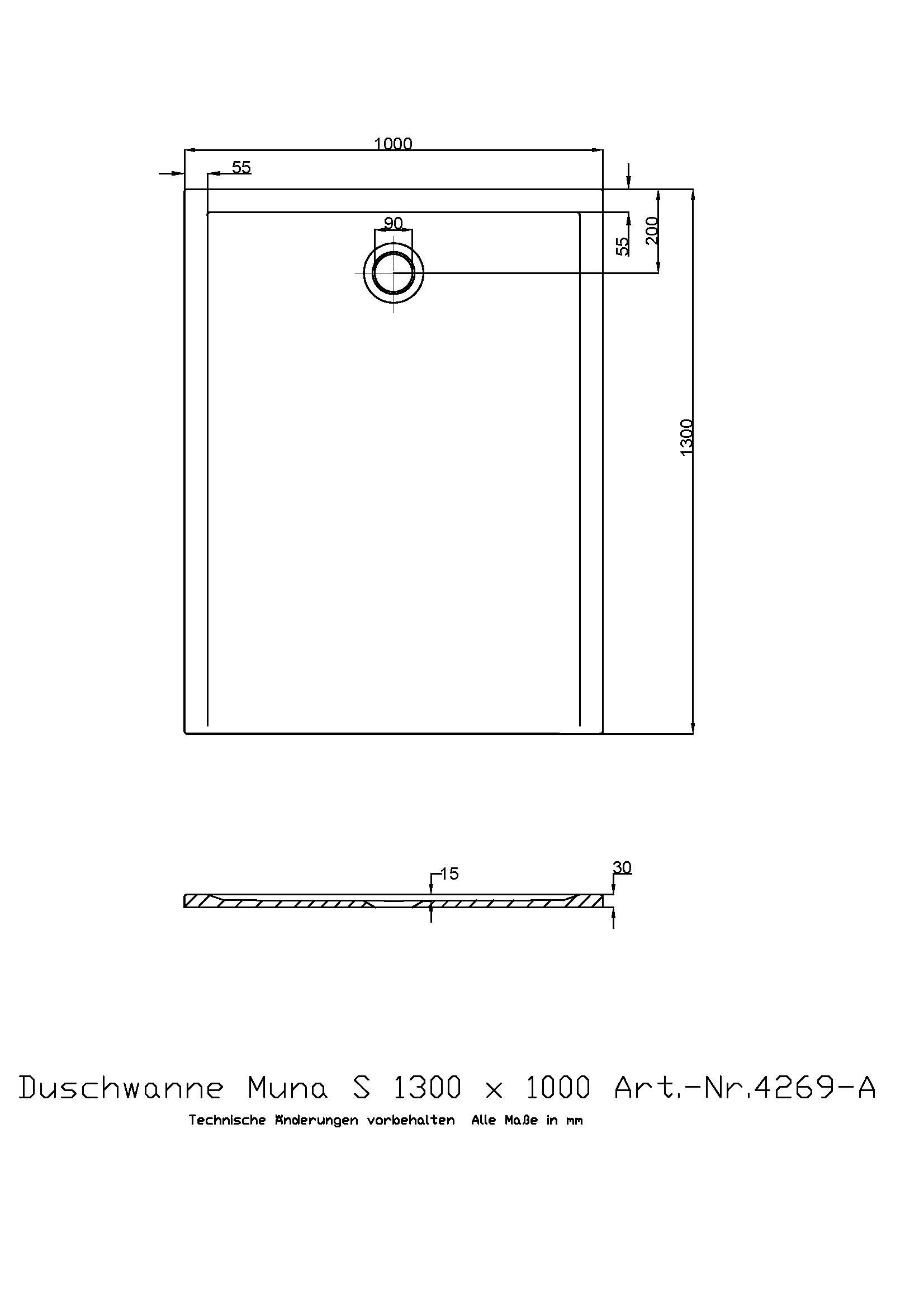 Hoesch Duschwanne Muna S 1300x1000x30 ohne Antirutsch, Material Solique, weiß