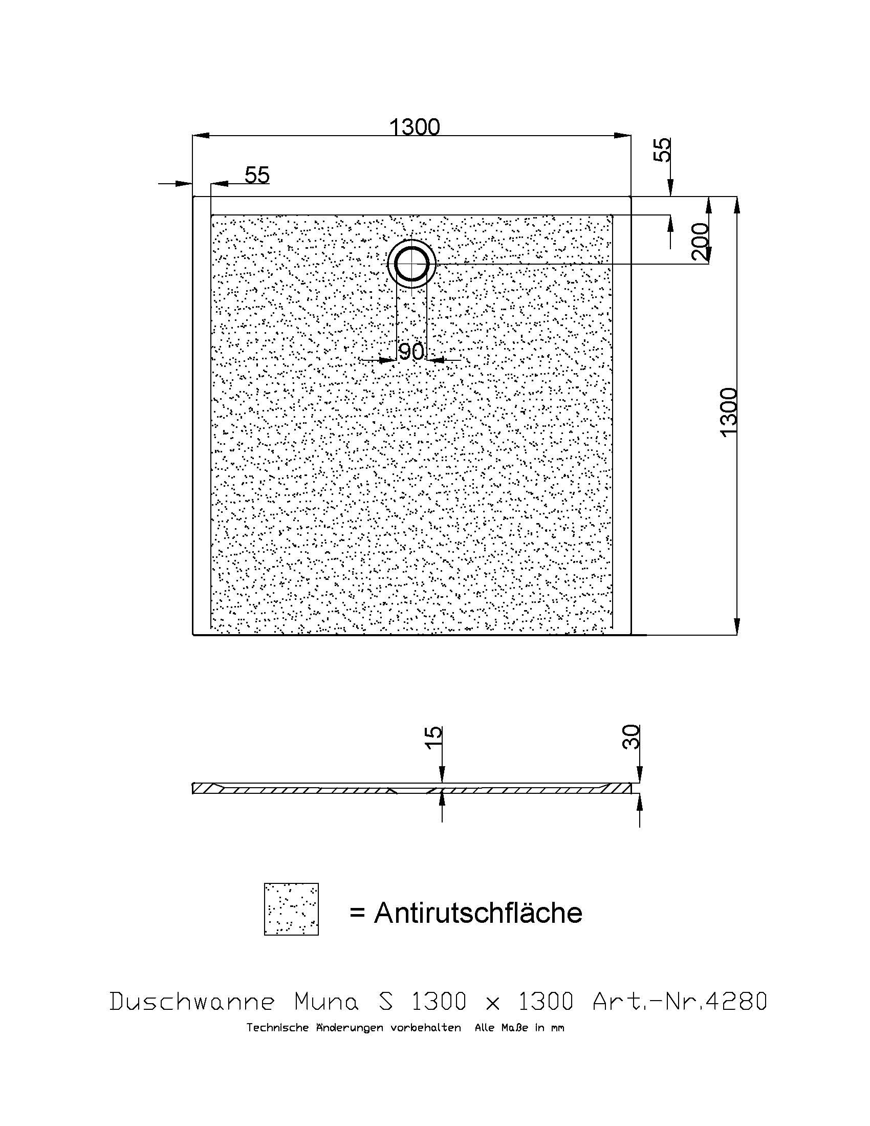Hoesch Duschwanne Muna S 1300x1300x30 mit Antirutsch, Material Solique, weiß