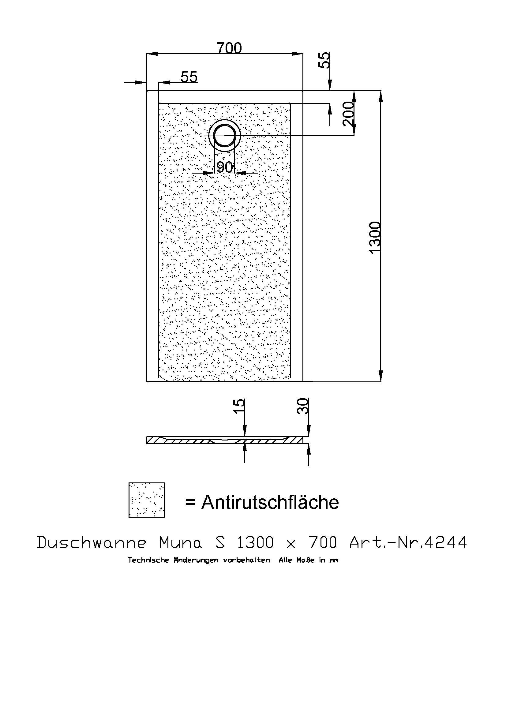 Hoesch Duschwanne Muna S 1300x700x30 mit Antirutsch, Material Solique, weiß