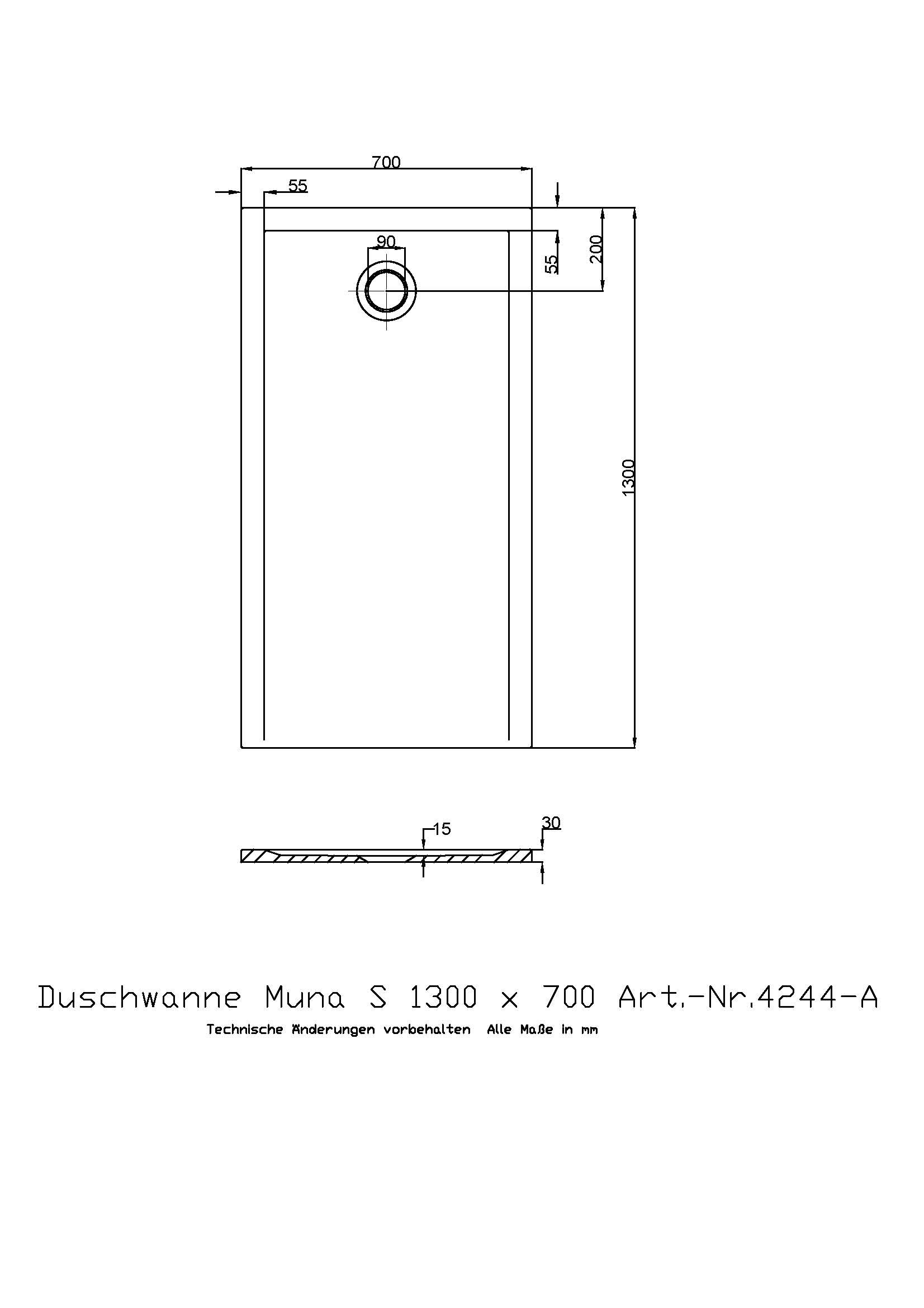 Hoesch Duschwanne Muna S 1300x700x30 ohne Antirutsch, Material Solique, weiß