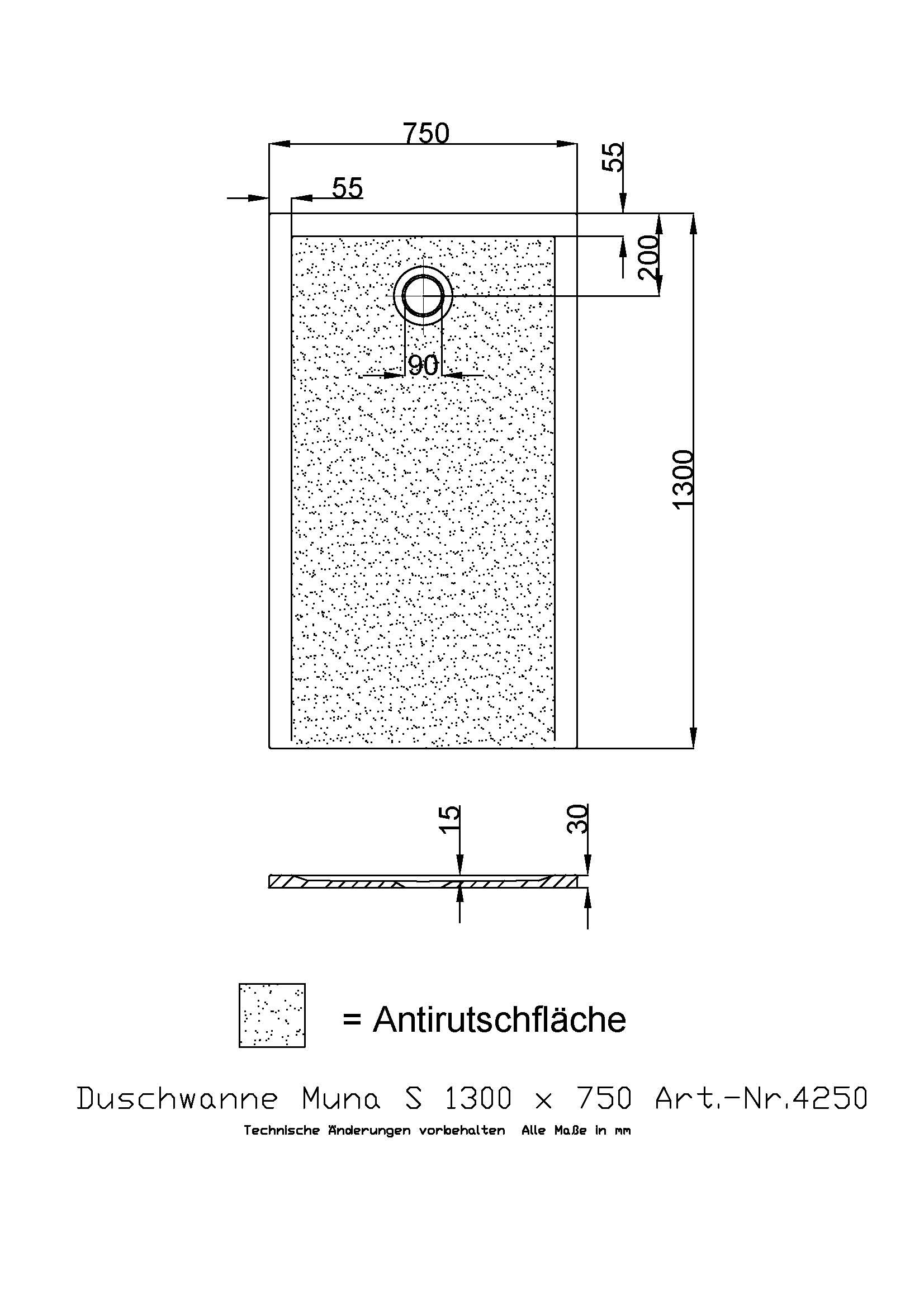 Hoesch Duschwanne Muna S 1300x750x30 mit Antirutsch, Material Solique, weiß