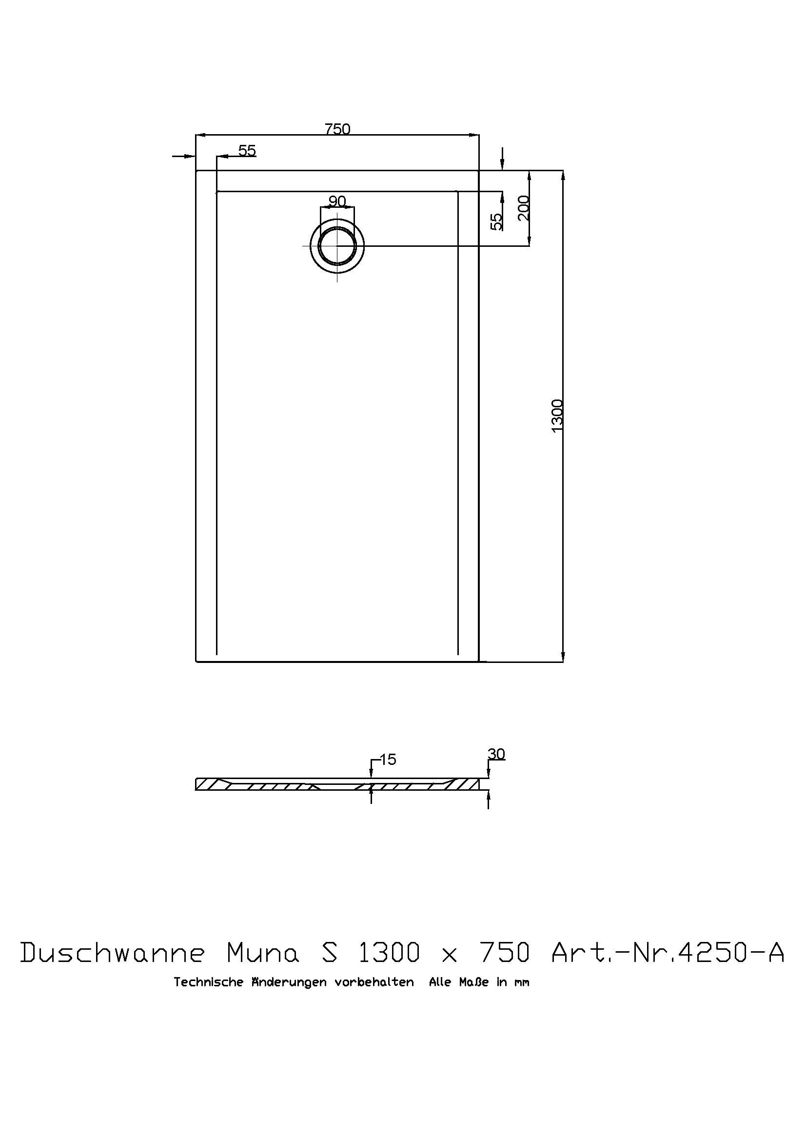 Hoesch Duschwanne Muna S 1300x750x30 ohne Antirutsch, Material Solique, weiß
