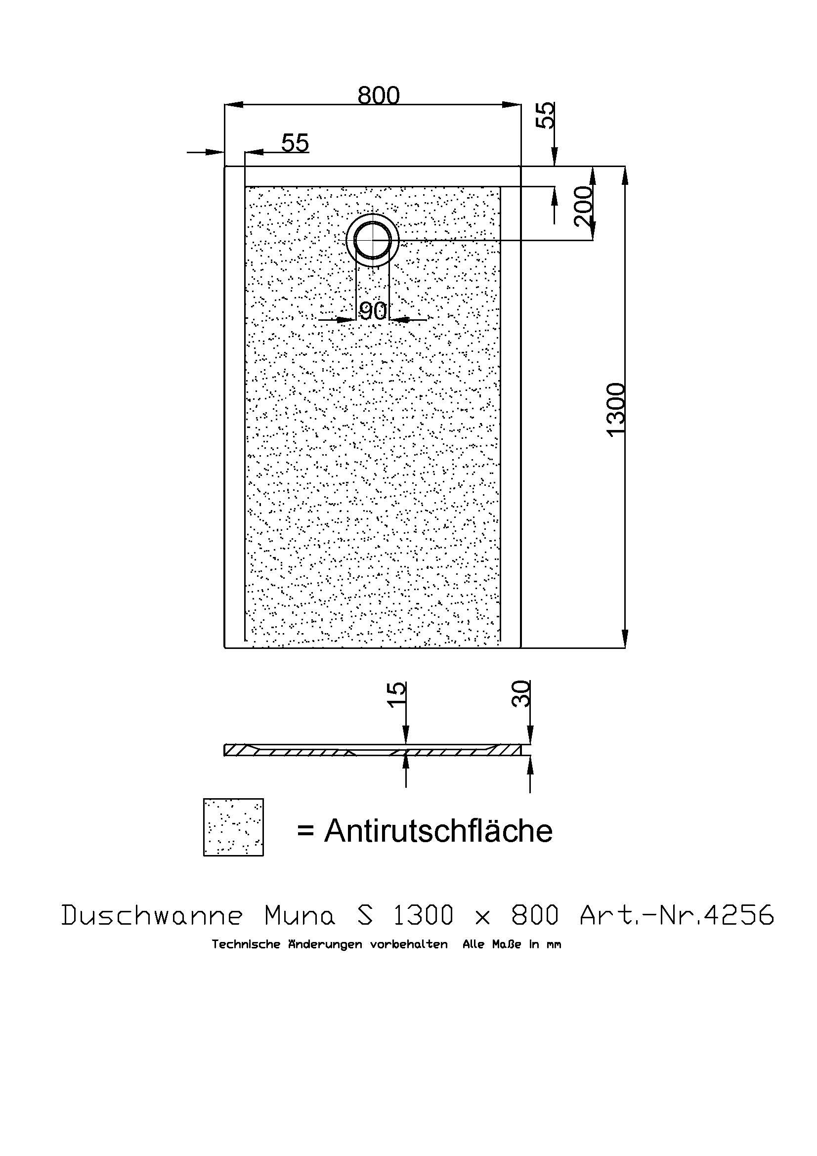 Hoesch Duschwanne Muna S 1300x800x30 mit Antirutsch, Material Solique, weiß