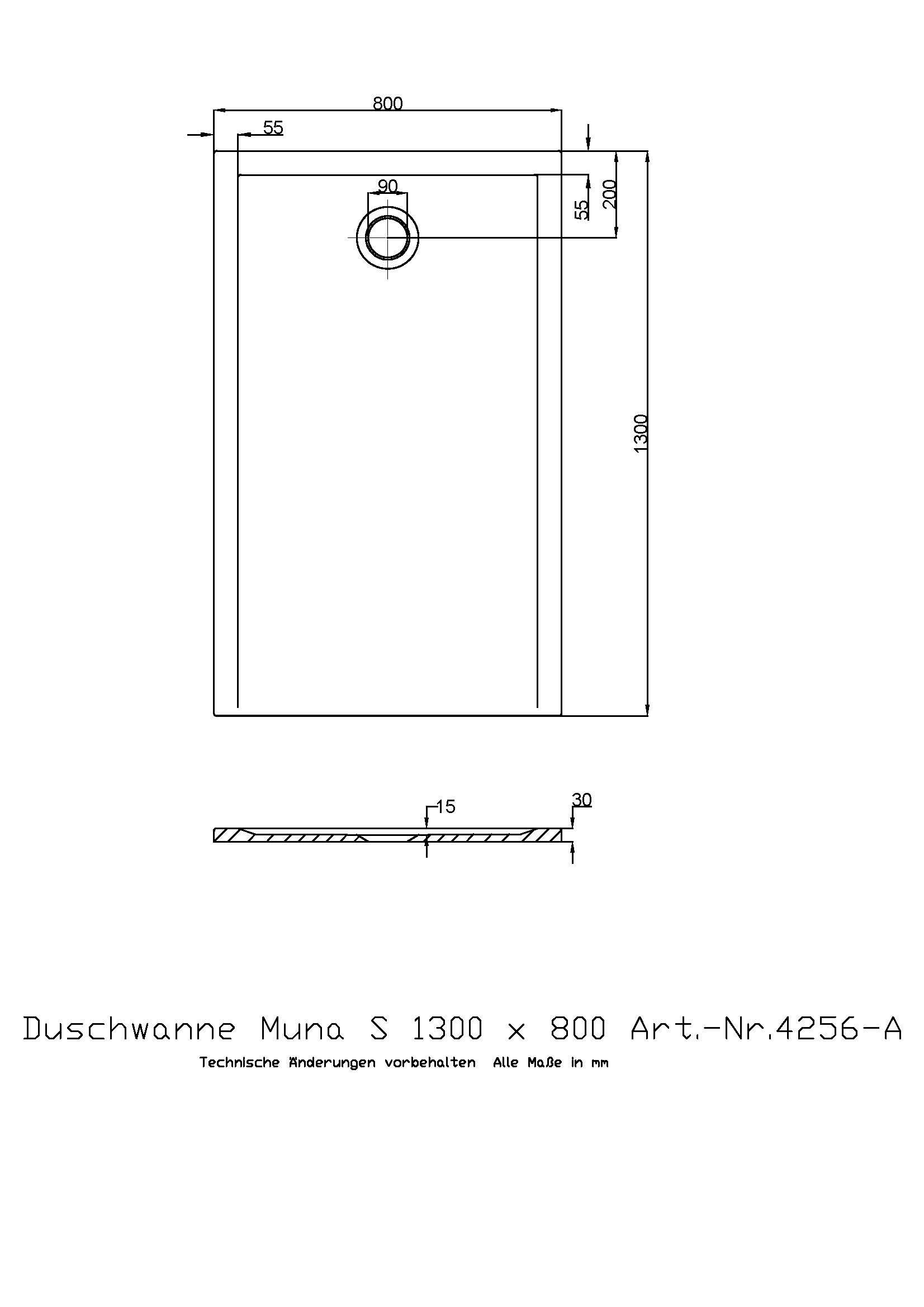 Hoesch Duschwanne Muna S 1300x800x30 ohne Antirutsch, Material Solique, weiß