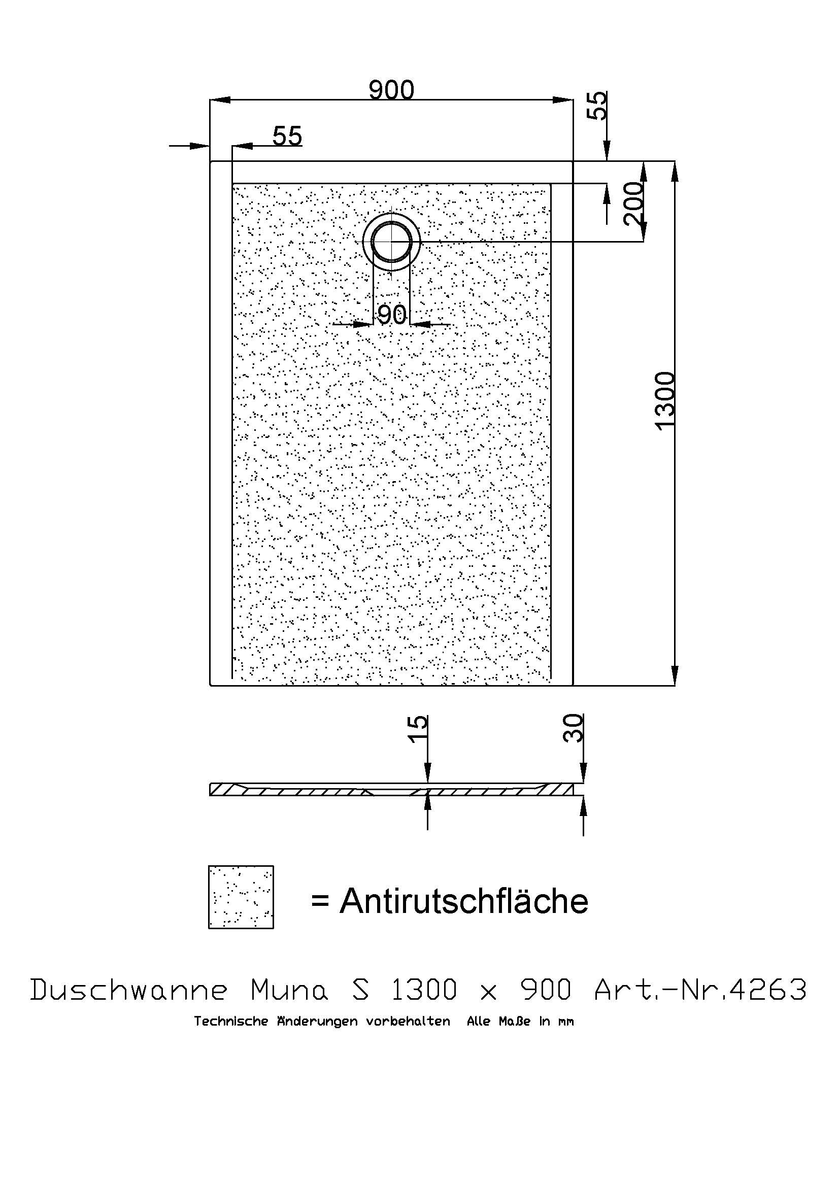 Hoesch Duschwanne Muna S 1300x900x30 mit Antirutsch, Material Solique, weiß