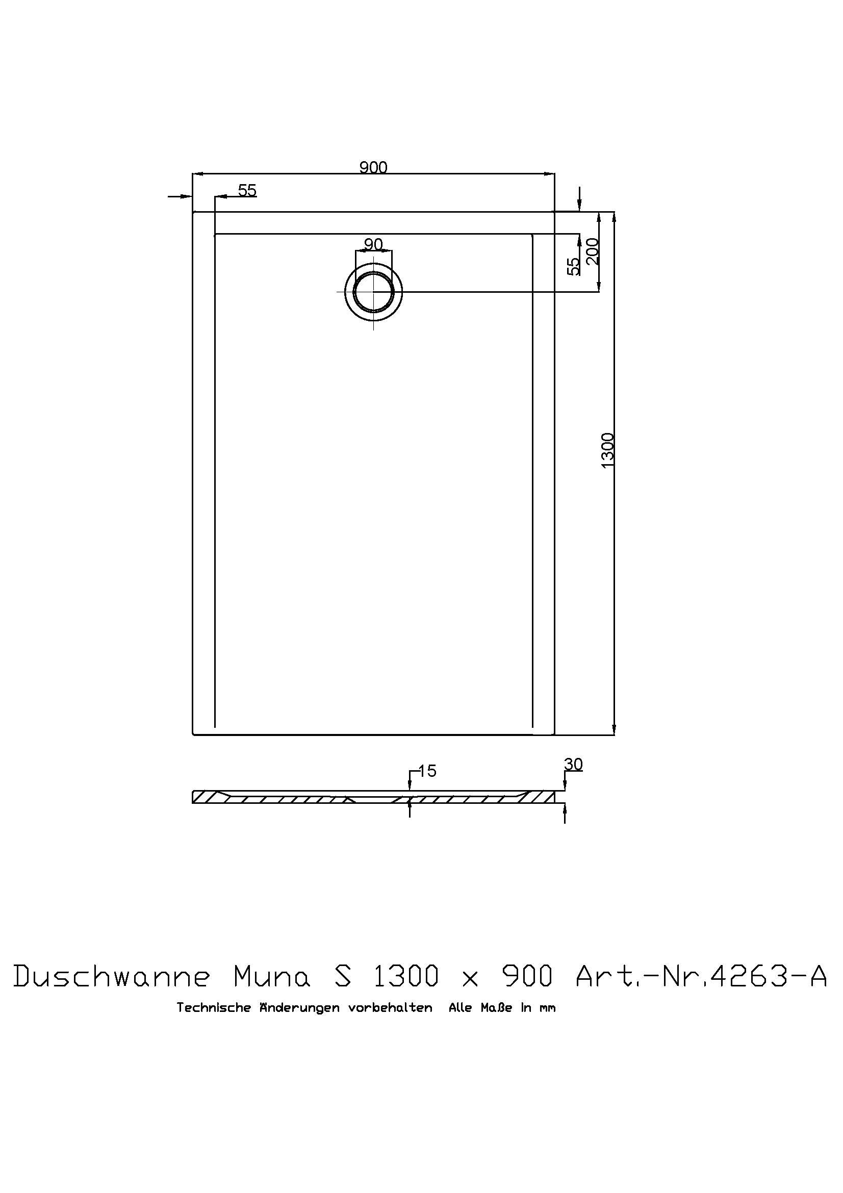 Hoesch Duschwanne Muna S 1300x900x30 ohne Antirutsch, Material Solique, weiß