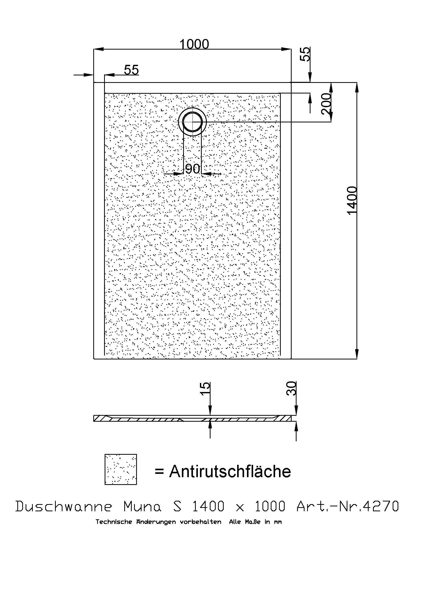 Hoesch Duschwanne Muna S 1400x1000x30 mit Antirutsch, Material Solique, weiß