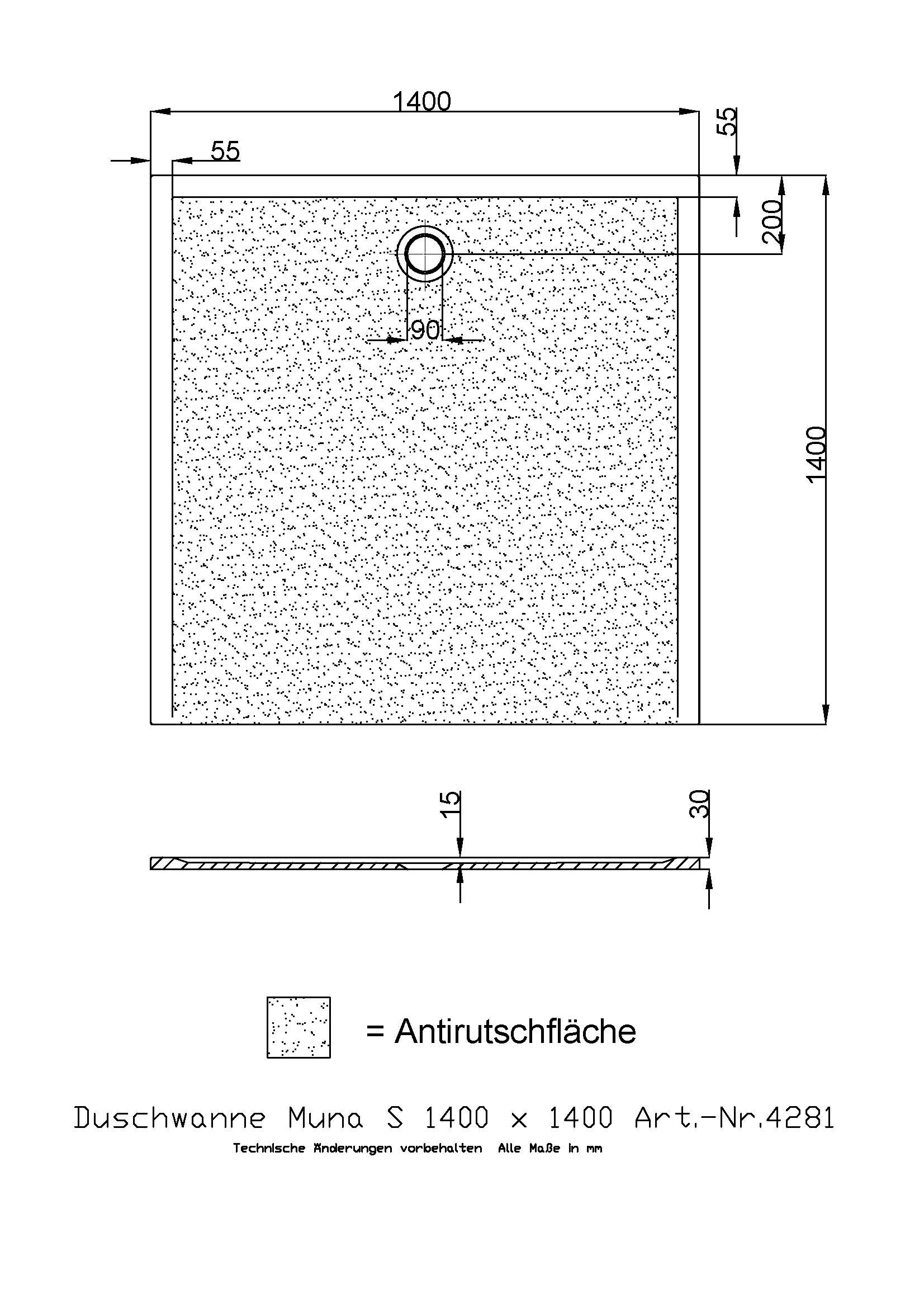 Hoesch Duschwanne Muna S 1400x1400x30 mit Antirutsch, Material Solique, weiß