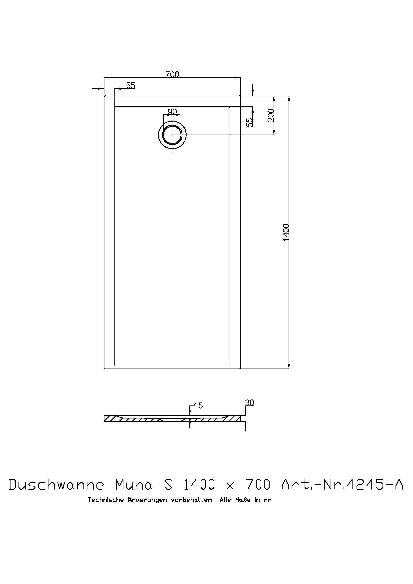 Hoesch Duschwanne Muna S 1400x700x30 ohne Antirutsch, Material Solique, weiß