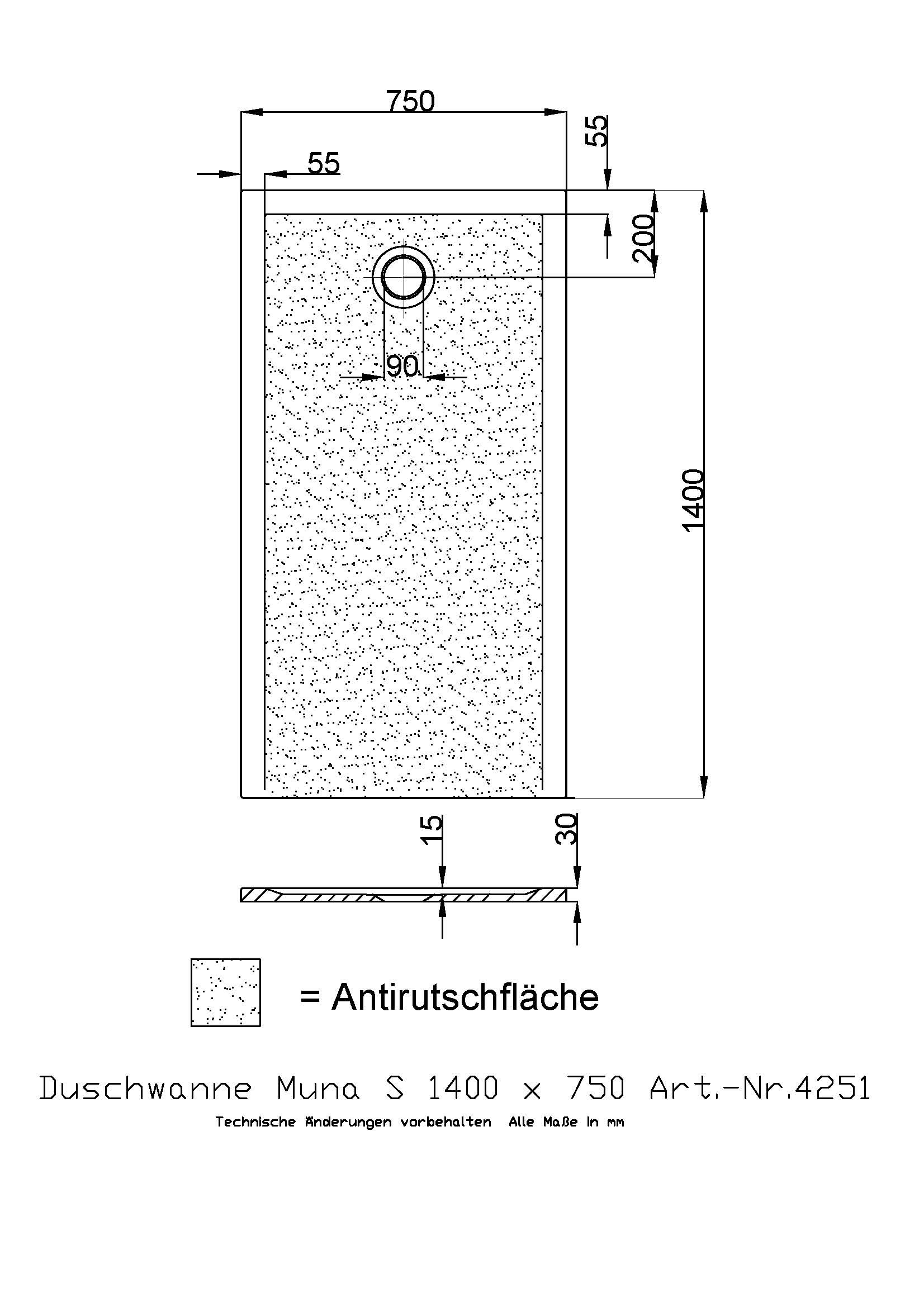 Hoesch Duschwanne Muna S 1400x750x30 mit Antirutsch, Material Solique, weiß