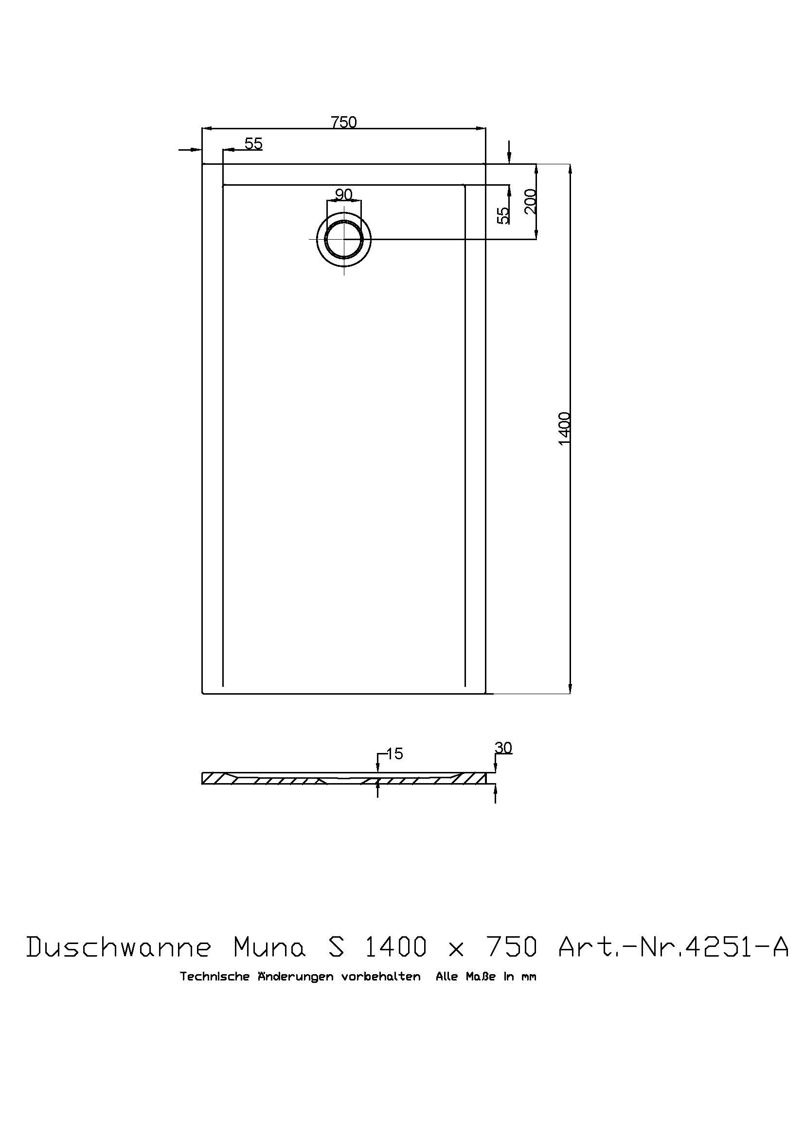 Hoesch Duschwanne Muna S 1400x750x30 ohne Antirutsch, Material Solique, weiß