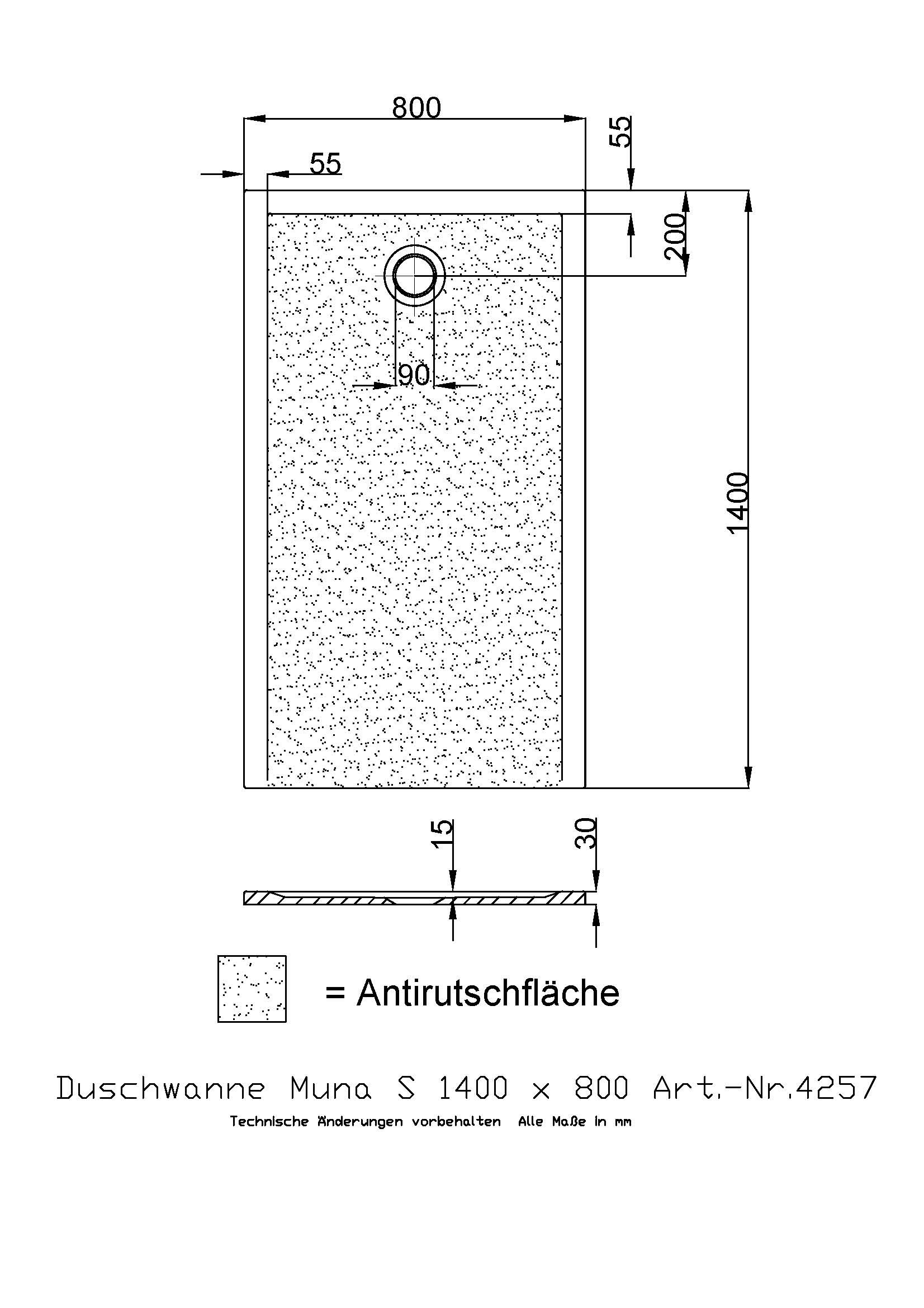 Hoesch Duschwanne Muna S 1400x800x30 mit Antirutsch, Material Solique, weiß