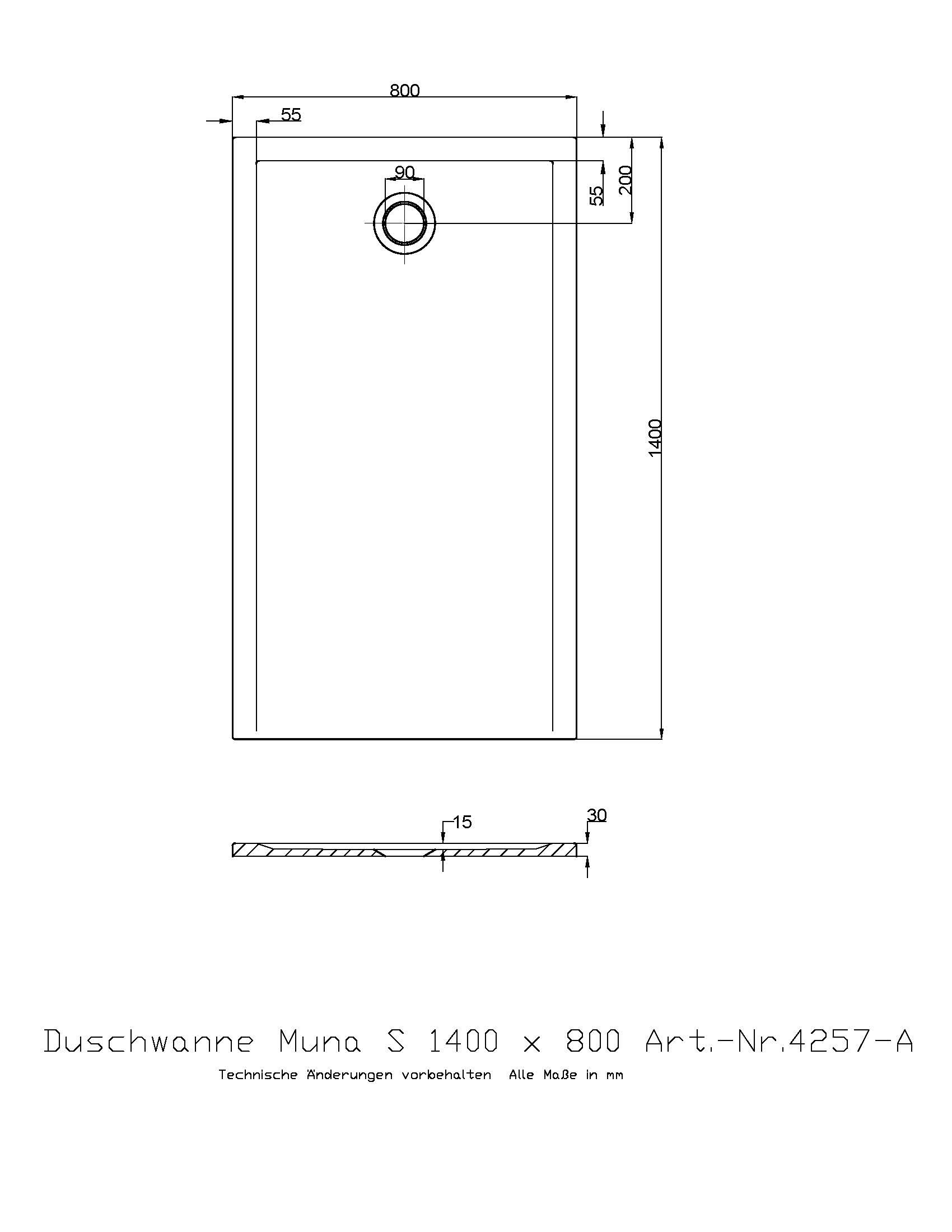 Hoesch Duschwanne Muna S 1400x800x30 ohne Antirutsch, Material Solique, weiß