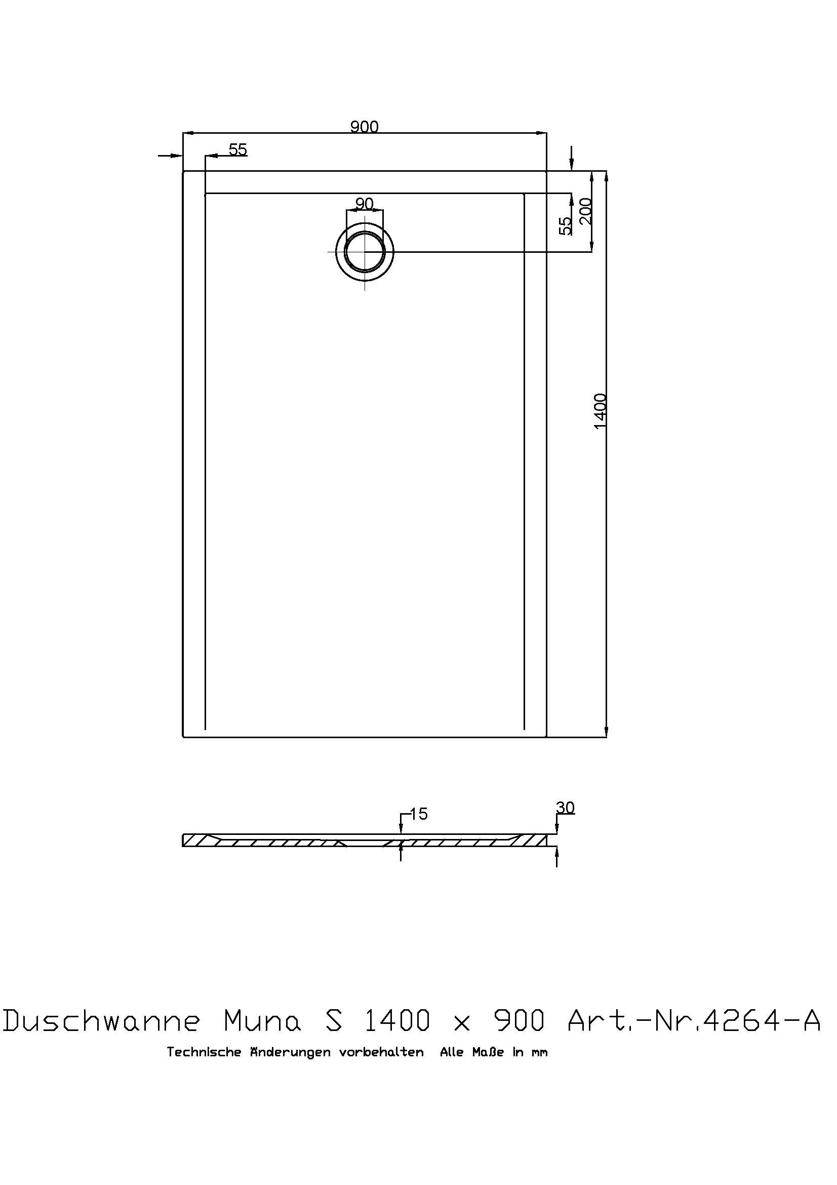 Hoesch Duschwanne Muna S 1400x900x30 ohne Antirutsch, Material Solique, weiß