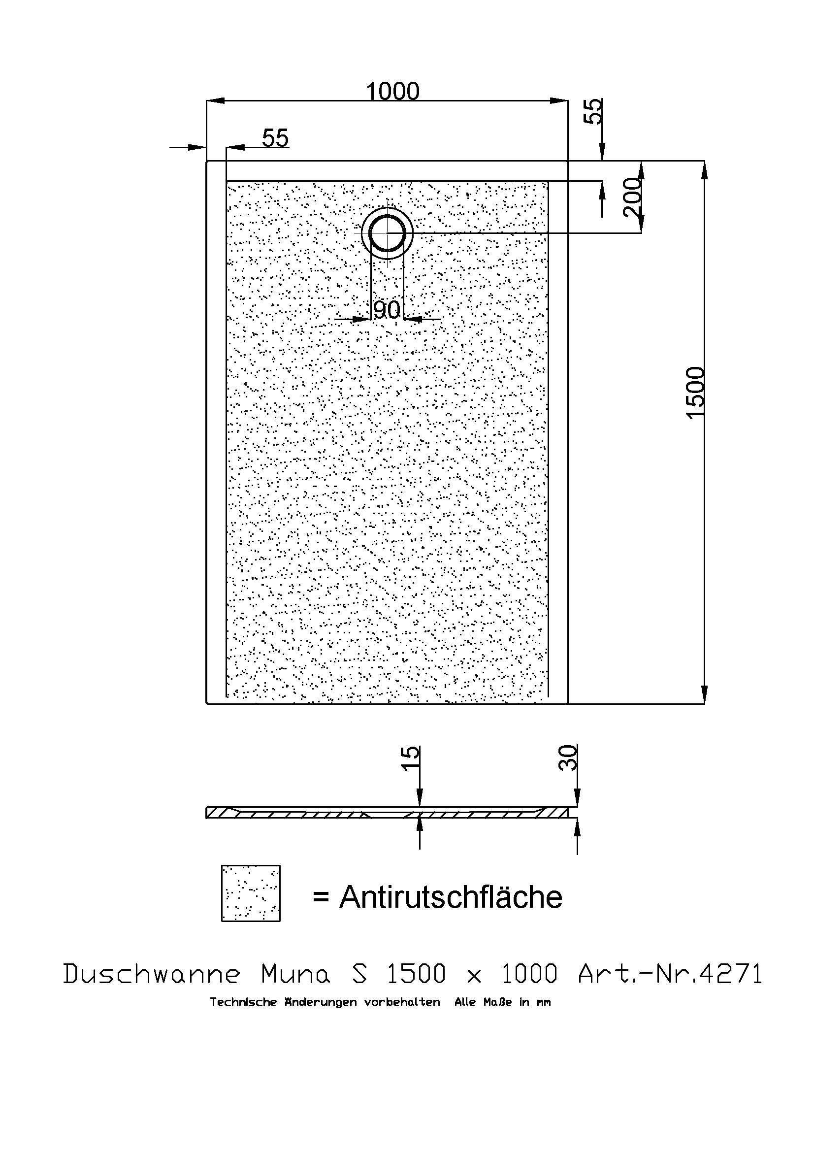 Hoesch Duschwanne Muna S 1500x1000x30 mit Antirutsch, Material Solique, weiß