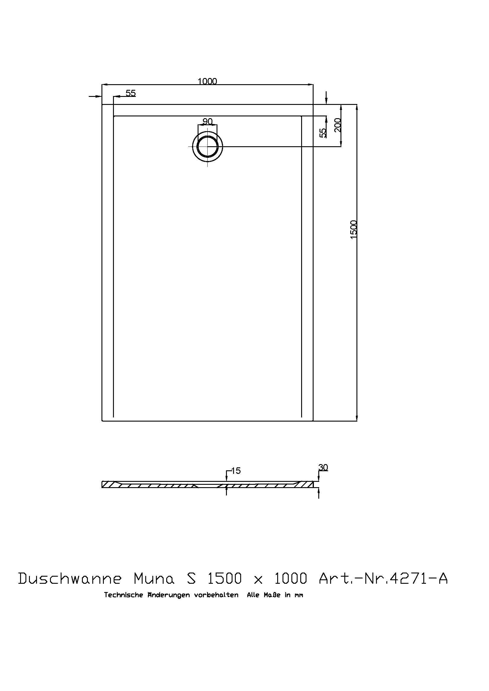 Hoesch Duschwanne Muna S 1500x1000x30 ohne Antirutsch, Material Solique, weiß