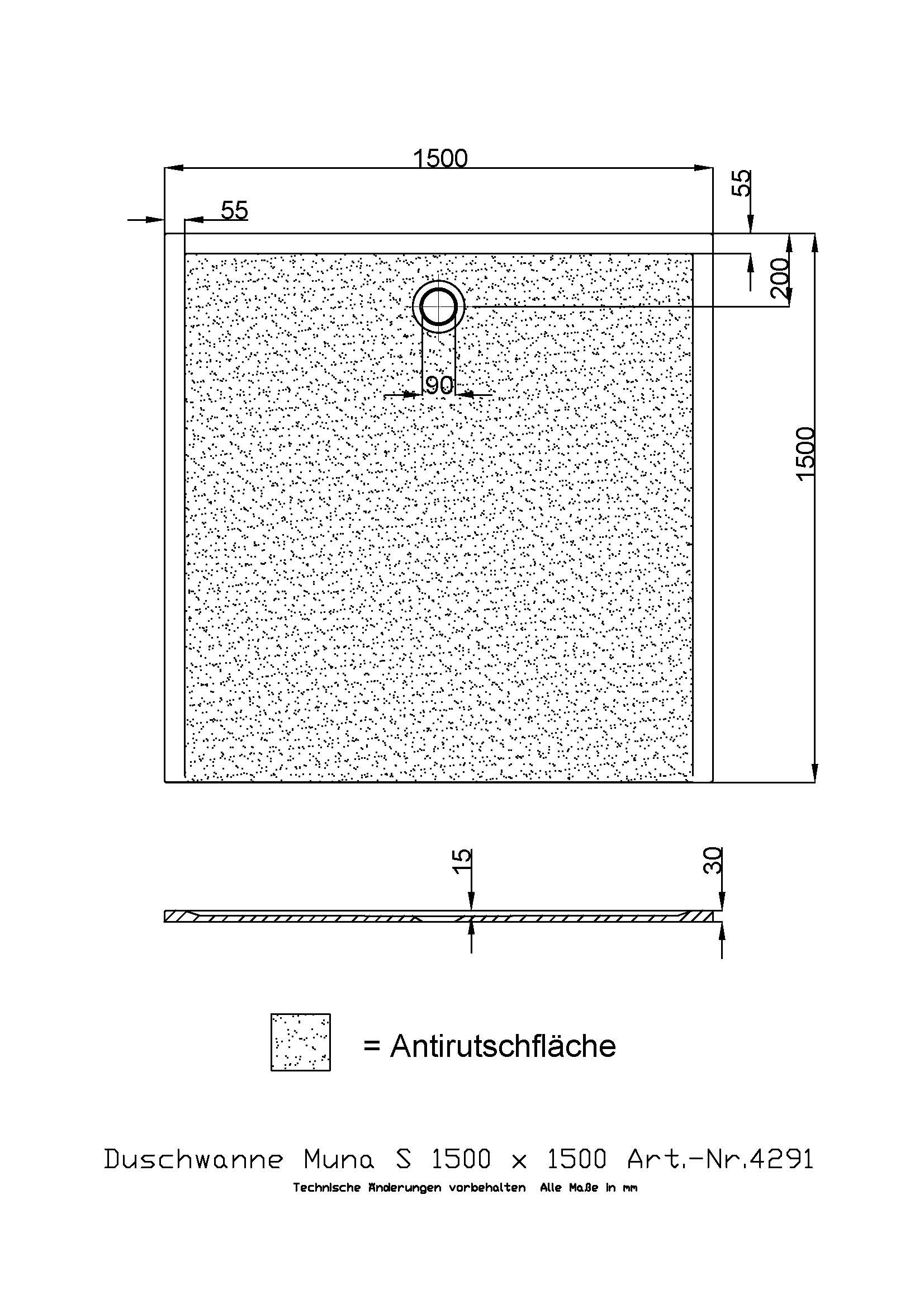 Hoesch Duschwanne Muna S 1500x1500x30 mit Antirutsch, Material Solique, weiß