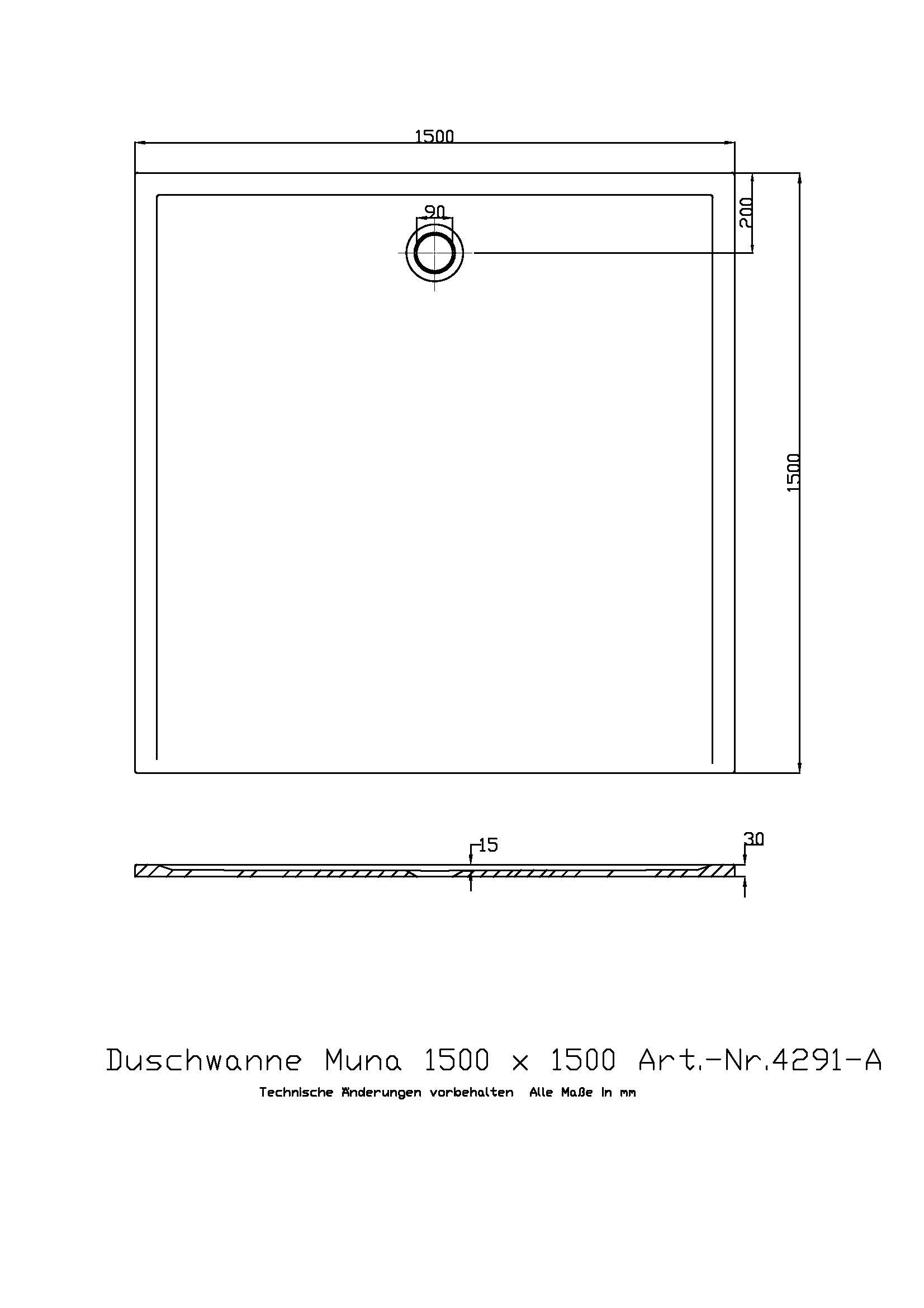 Hoesch Duschwanne Muna S 1500x1500x30 ohne Antirutsch, Material Solique, weiß
