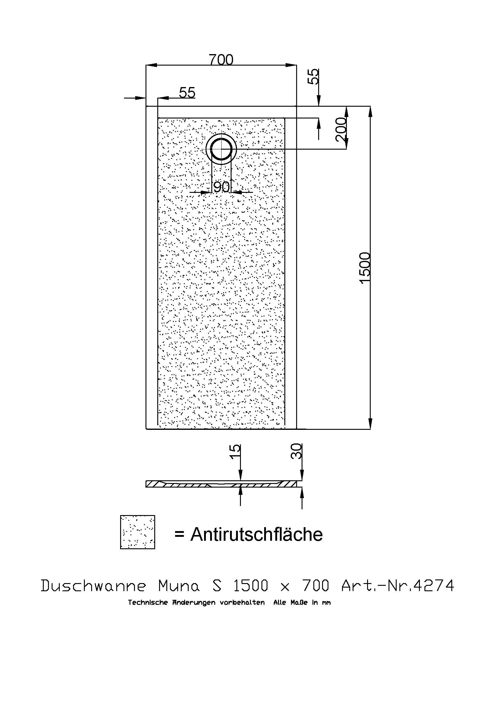 Hoesch Duschwanne Muna S 1500x700x30 mit Antirutsch, Material Solique, weiß
