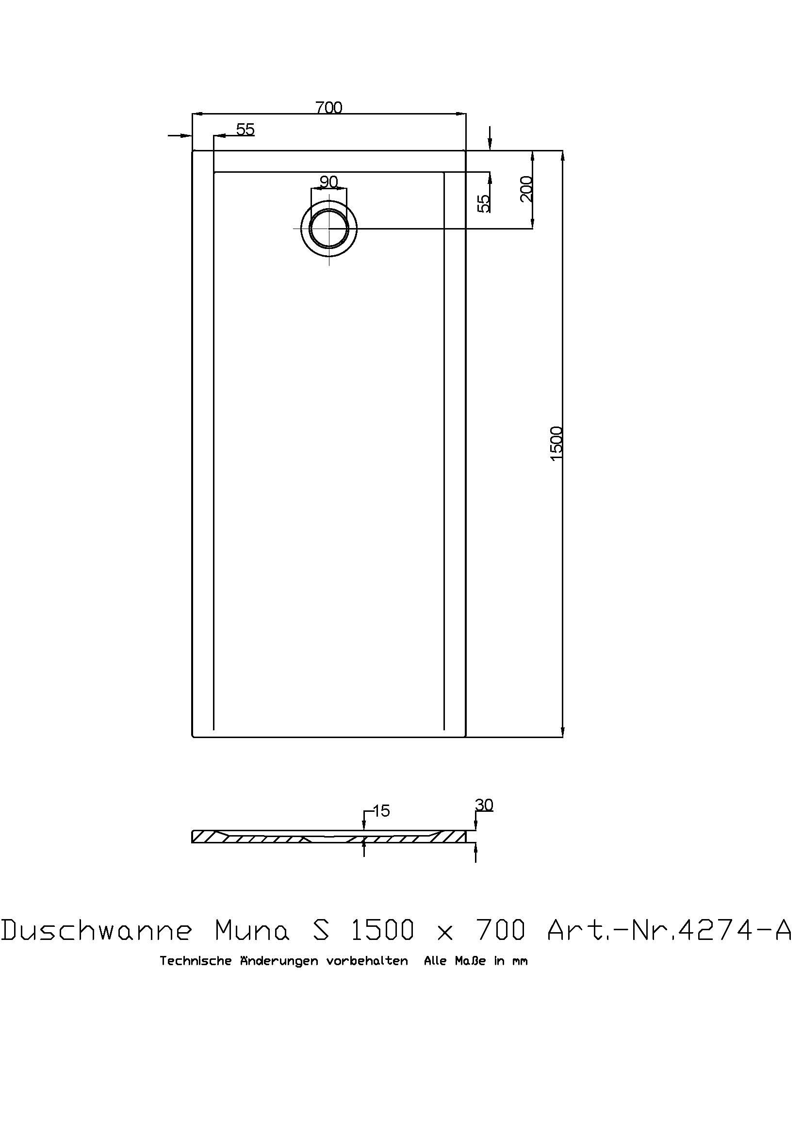 Hoesch Duschwanne Muna S 1500x700x30 ohne Antirutsch, Material Solique, weiß