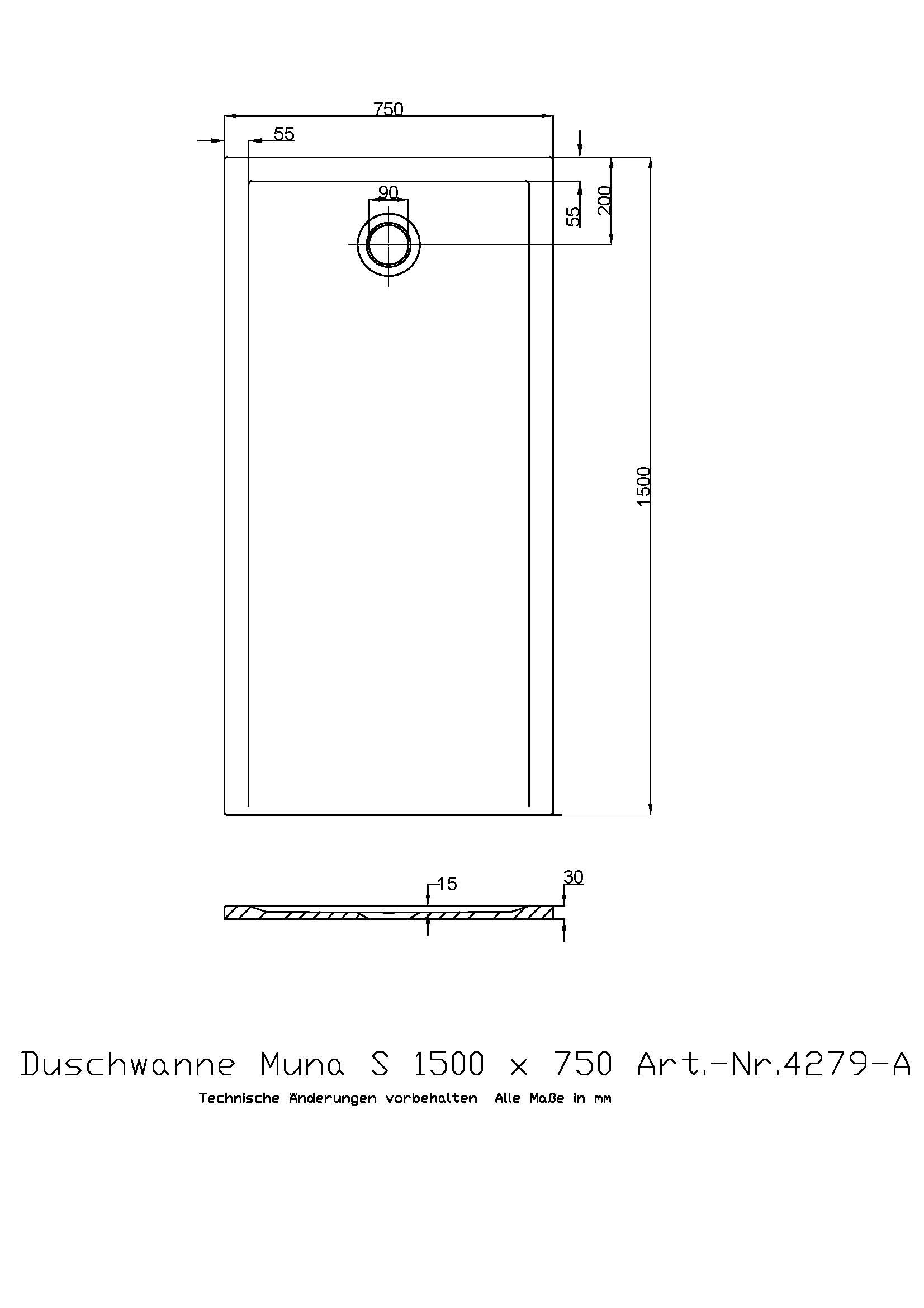 Hoesch Duschwanne Muna S 1500x750x30 ohne Antirutsch, Material Solique, weiß