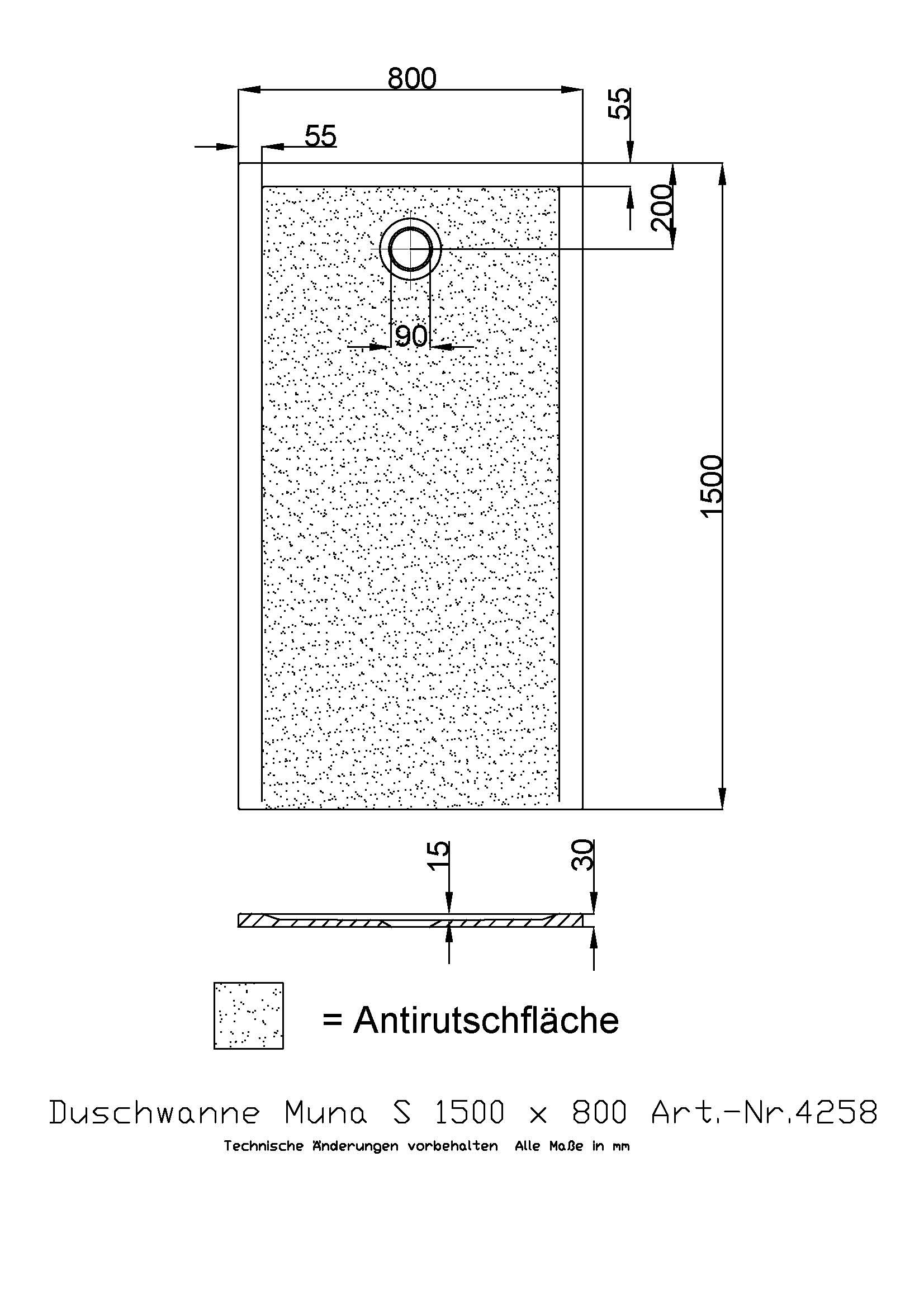 Hoesch Duschwanne Muna S 1500x800x30 mit Antirutsch, Material Solique, weiß