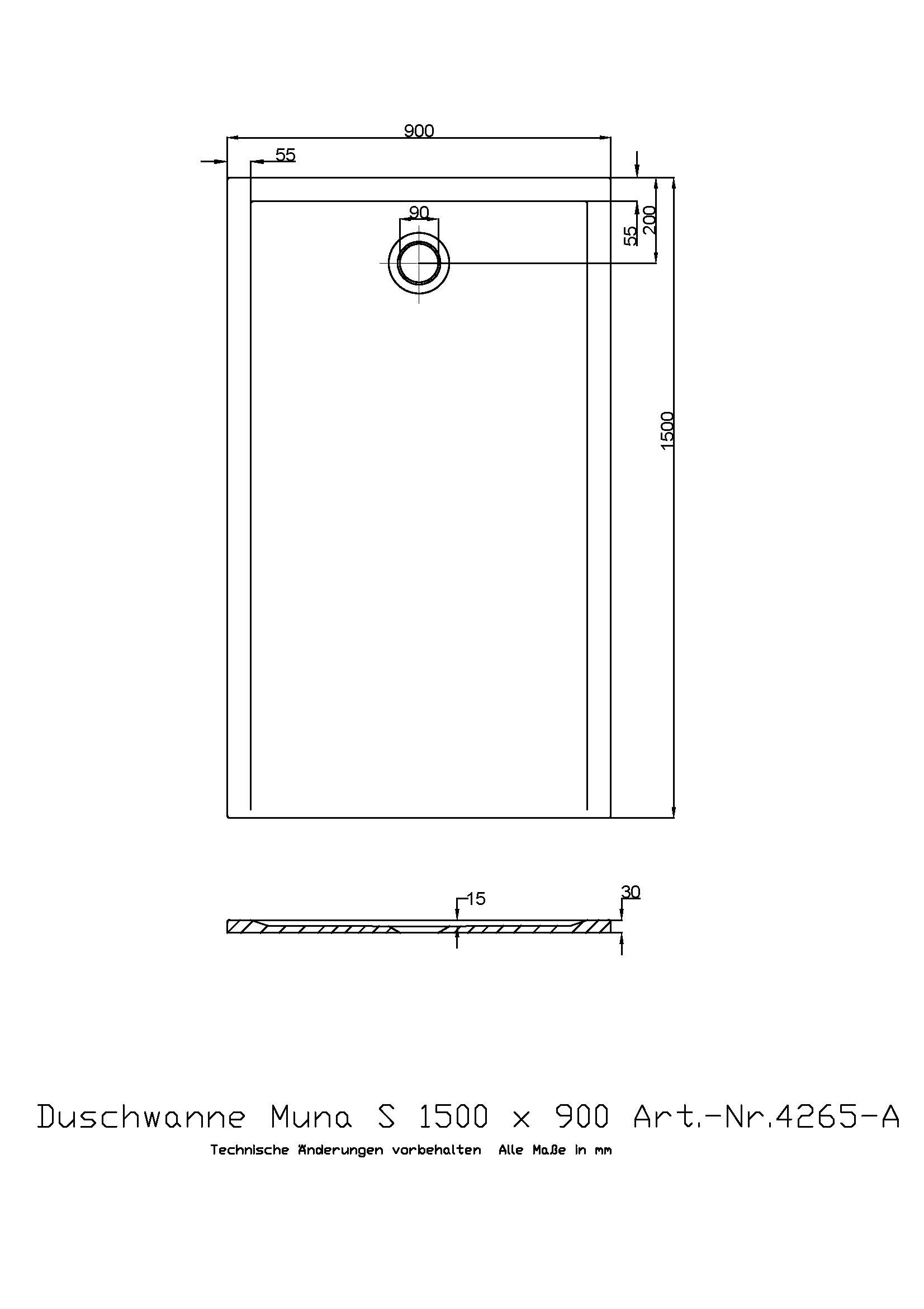 Hoesch Duschwanne Muna S 1500x900x30 ohne Antirutsch, Material Solique, weiß