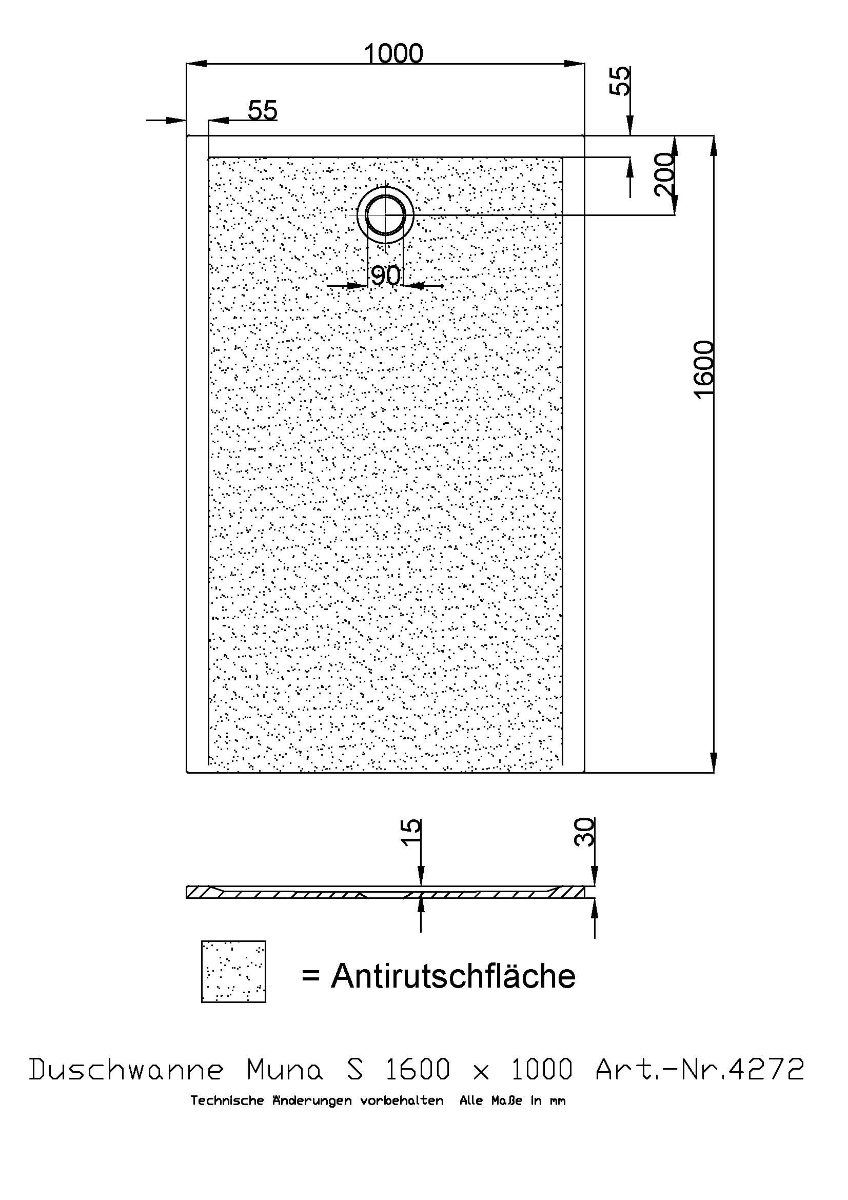 Hoesch Duschwanne Muna S 1600x1000x30 mit Antirutsch, Material Solique, weiß