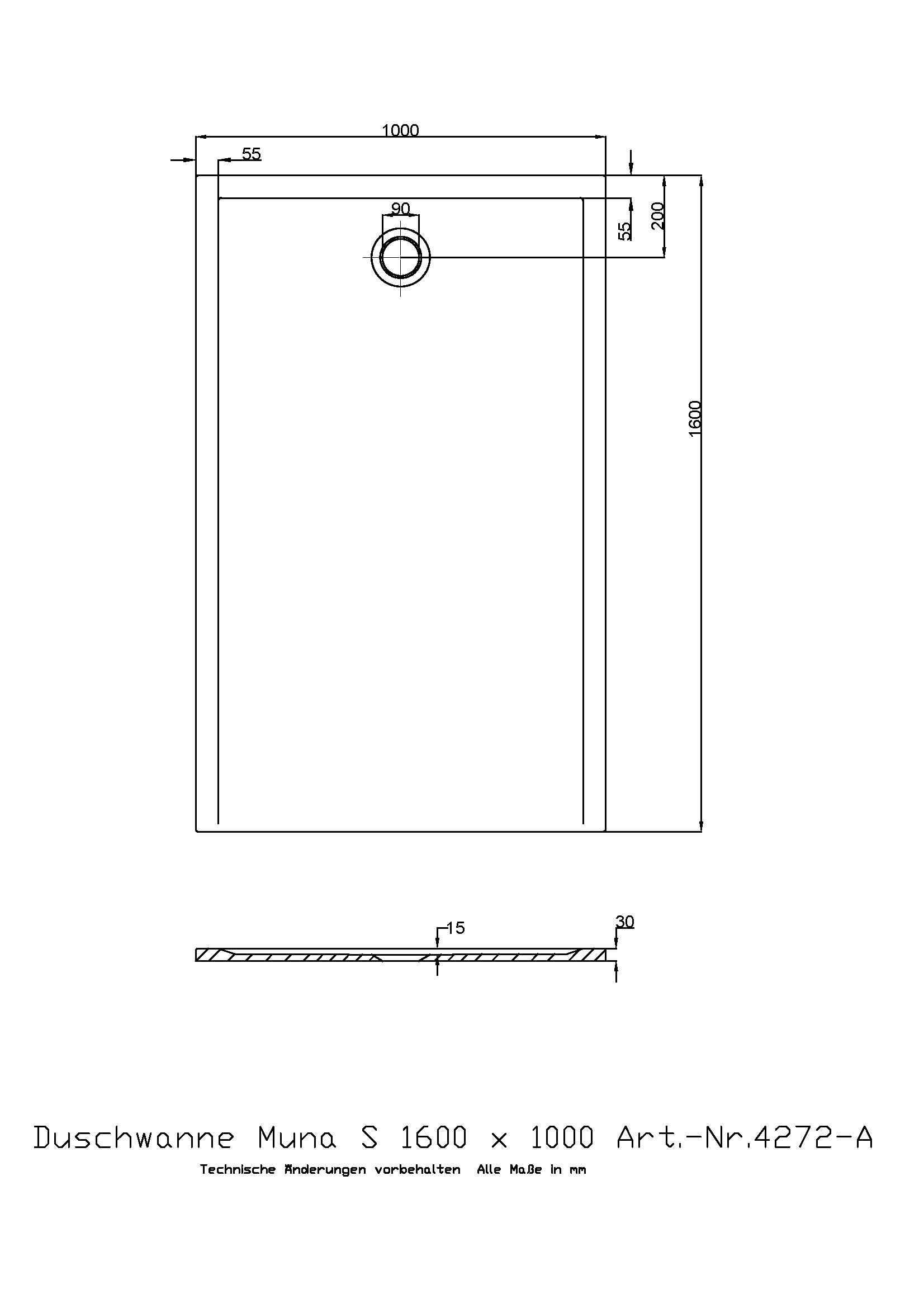 Hoesch Duschwanne Muna S 1600x1000x30 ohne Antirutsch, Material Solique, weiß