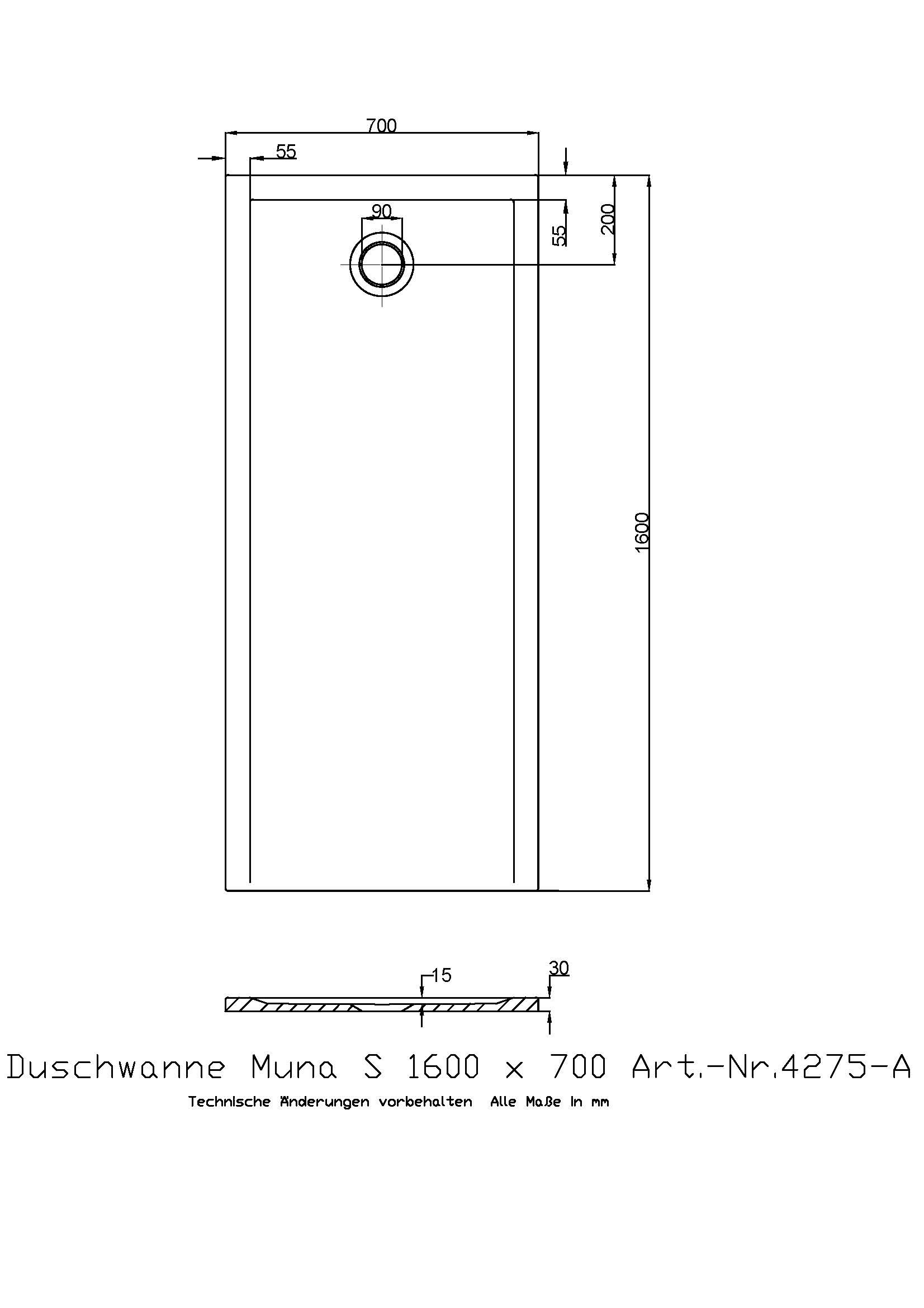 Hoesch Duschwanne Muna S 1600x700x30 ohne Antirutsch, Material Solique, weiß