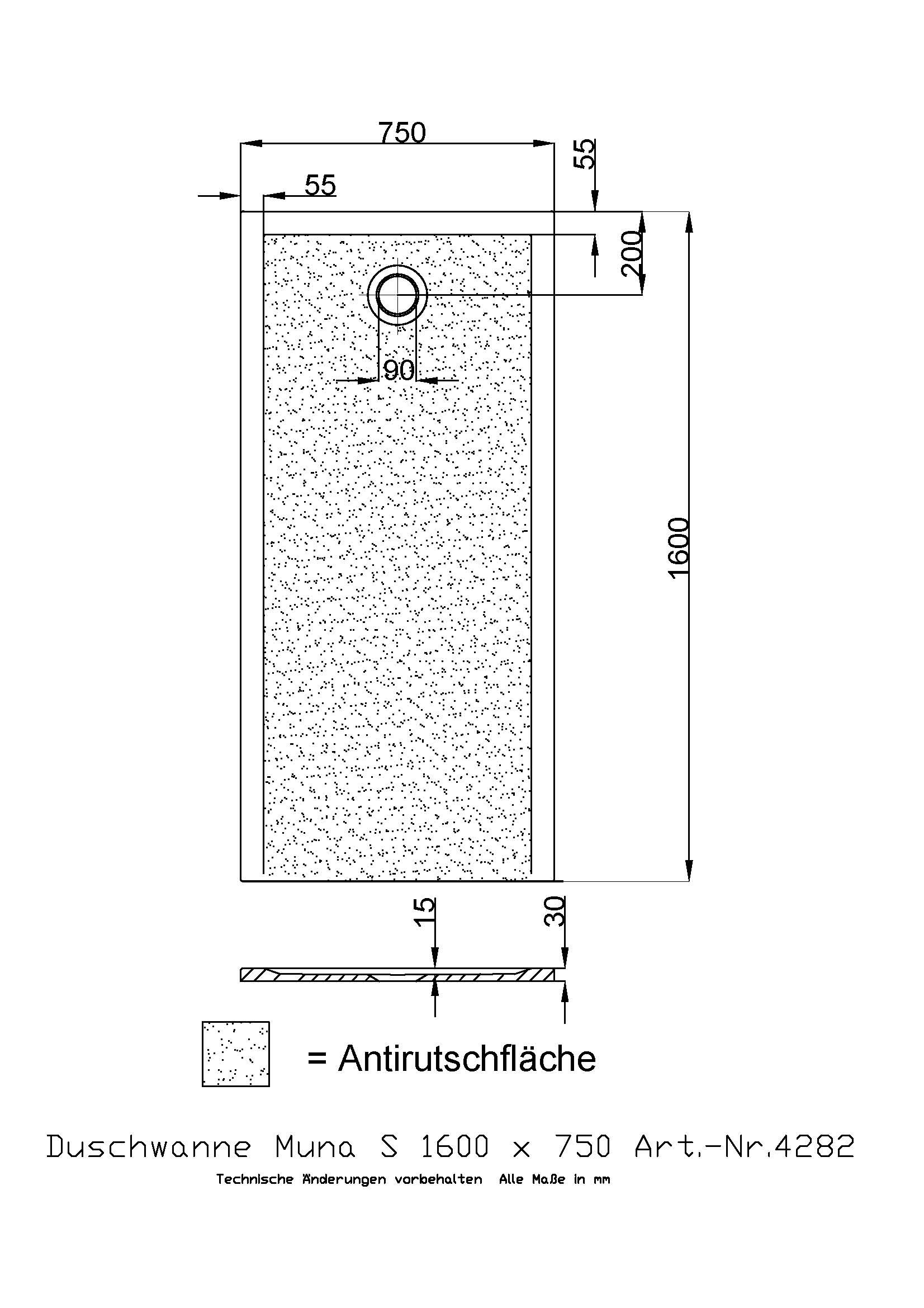 Hoesch Duschwanne Muna S 1600x750x30 mit Antirutsch, Material Solique, weiß