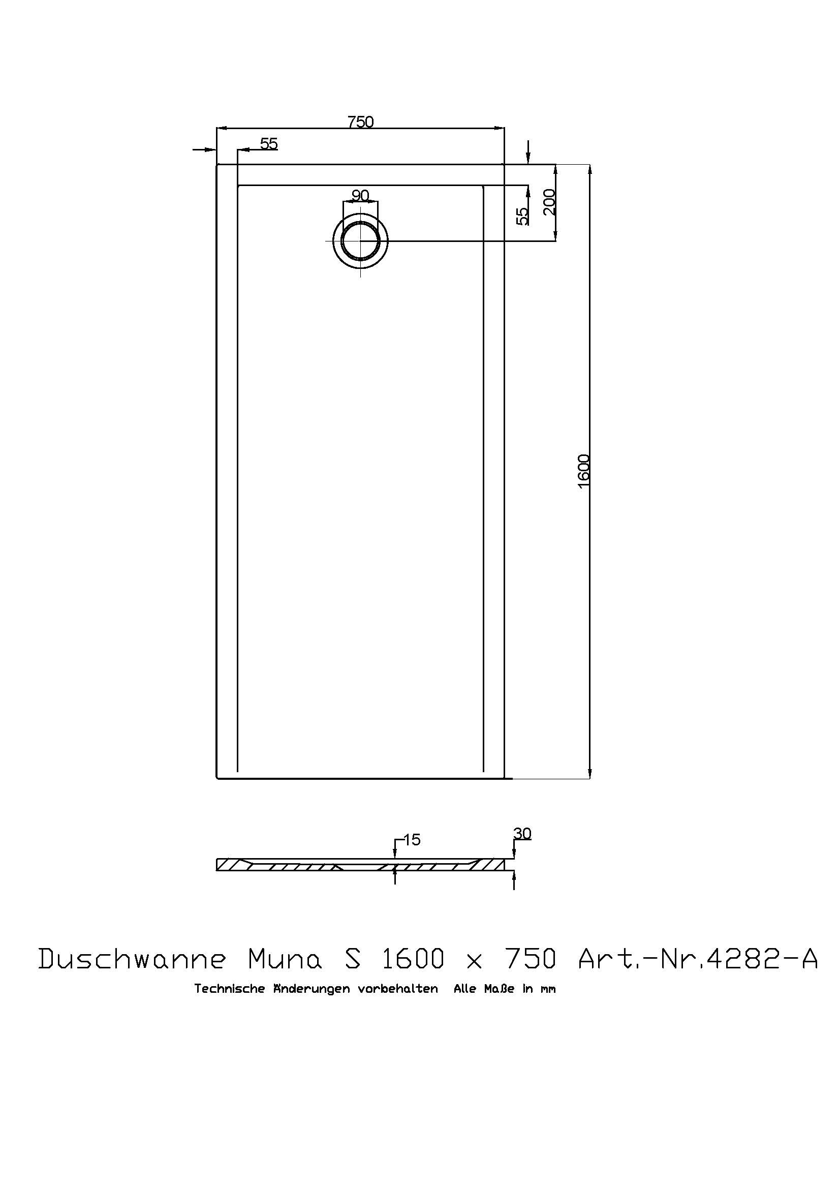Hoesch Duschwanne Muna S 1600x750x30 ohne Antirutsch, Material Solique, weiß