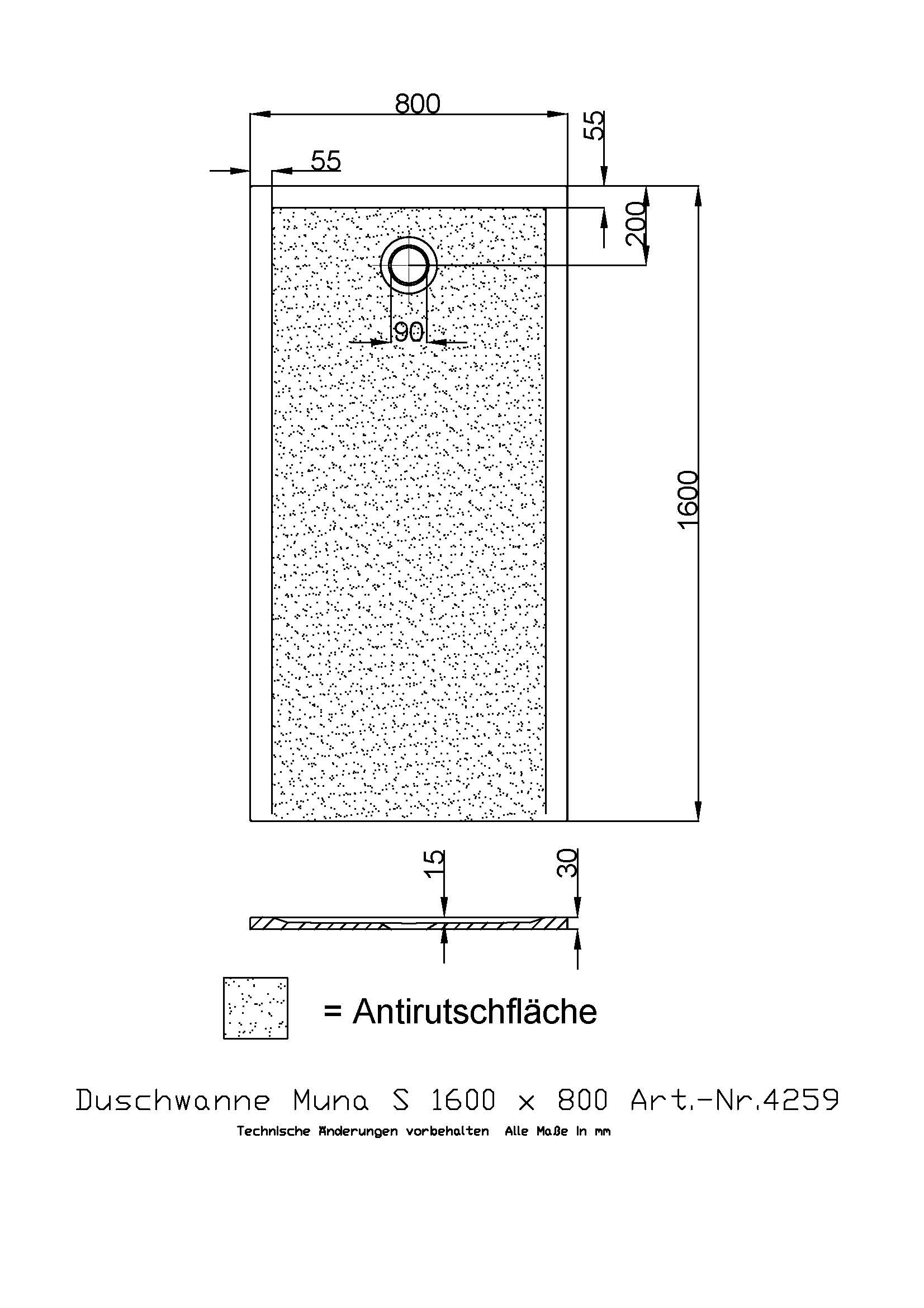 Hoesch Duschwanne Muna S 1600x800x30 mit Antirutsch, Material Solique, weiß