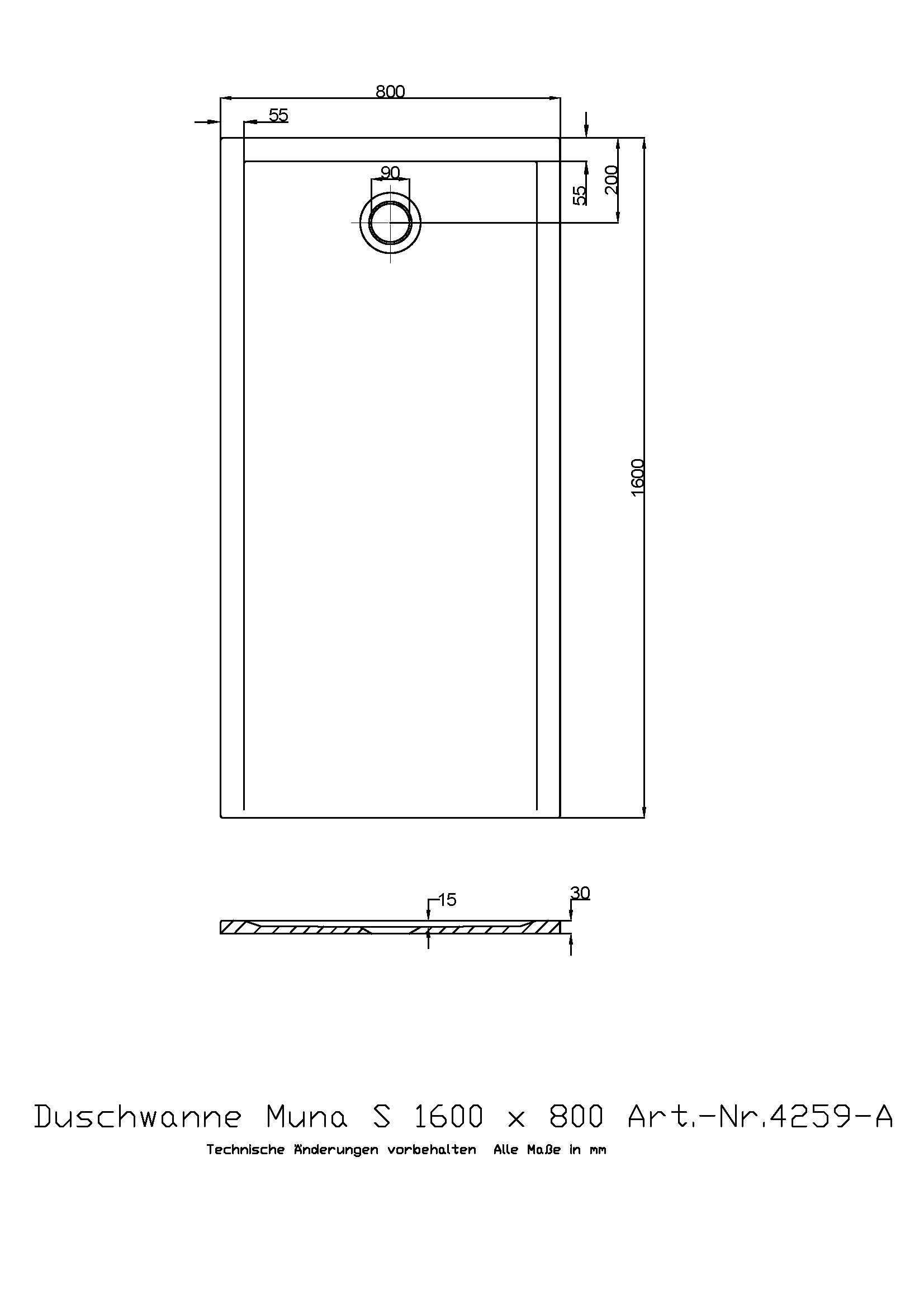 Hoesch Duschwanne Muna S 1600x800x30 ohne Antirutsch, Material Solique, weiß