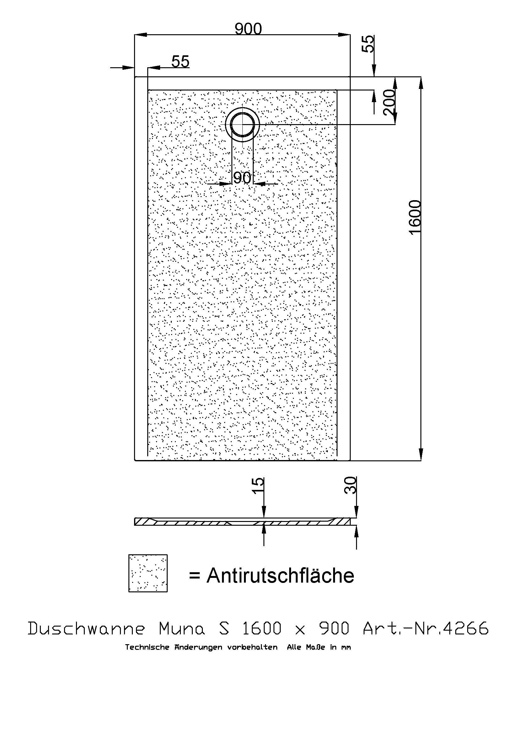 Hoesch Duschwanne Muna S 1600x900x30 mit Antirutsch, Material Solique, weiß