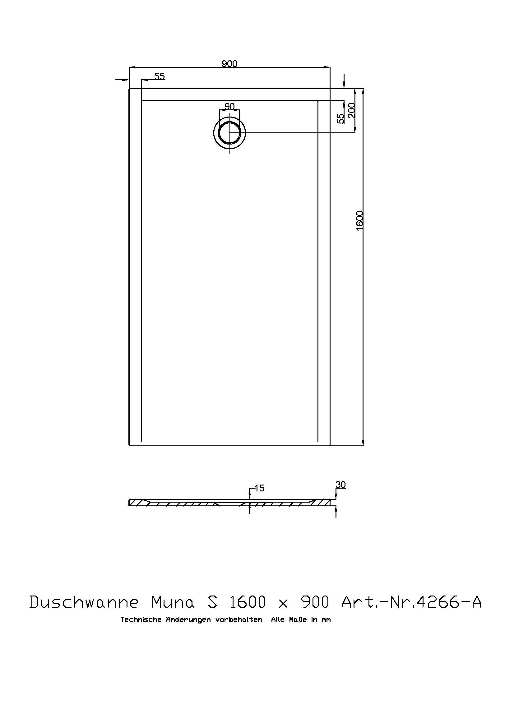 Hoesch Duschwanne Muna S 1600x900x30 ohne Antirutsch, Material Solique, weiß