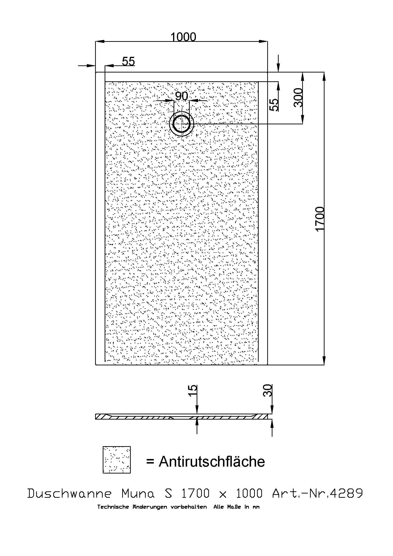 Hoesch Duschwanne Muna S 1700x1000x30 mit Antirutsch, Material Solique, weiß